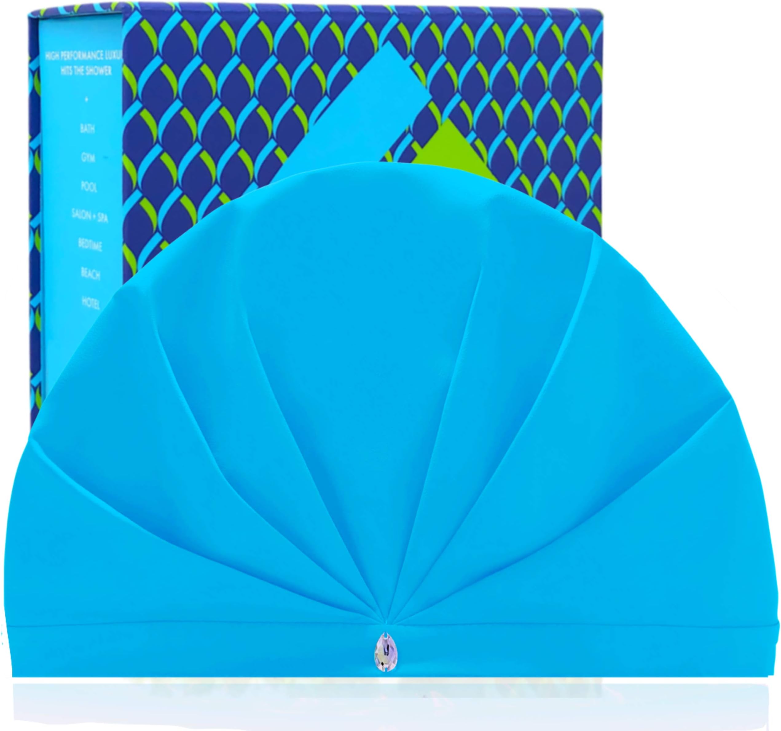 SHOWER CAP TURBAN for Women | Luxury Waterproof Breathable Fabric Releases Humidity To Stop Frizz | Large for Long Hair | Adjustable Anti-Slip | Washable | Swarovski | Made in USA | GIFT BOX