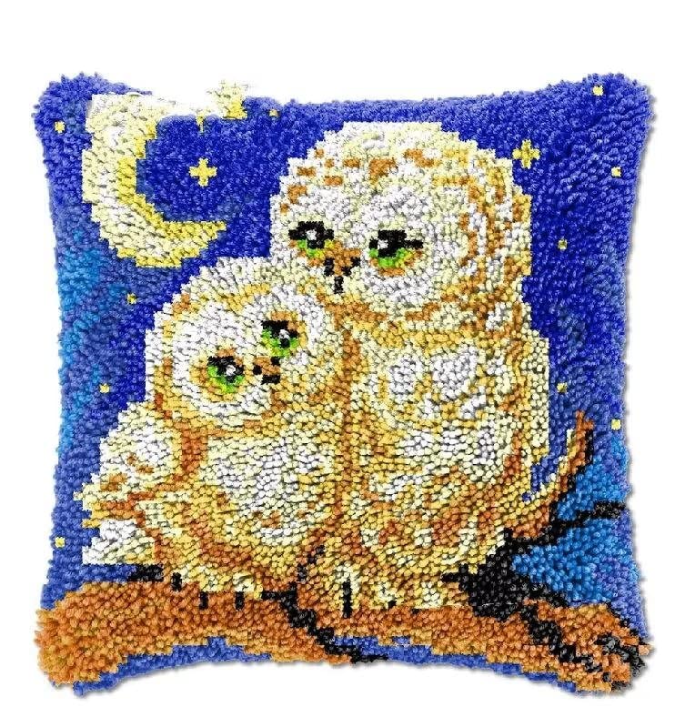 ROCKY&CHAO Latch Hook Kit for Adults & Kids, Complete DIY Cushion Making Craft Kits with Yarn & Canvas and Crochet Needle, Latch Hook Pillow Cover Adult Craft Kits for Women - Owl 43x43cm — image 1