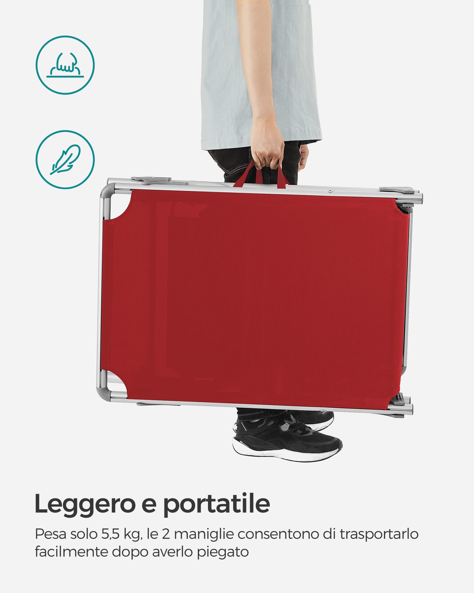SONGMICS Lettino Prendisole, Sedia a Sdraio Pieghevole in Alluminio, con Parasole e Schienale Reclinabile, 193 x 55 x 31 cm, Max Portata 150 kg, per Terrazzo Piscina Giardino, Rosso GCB19RD