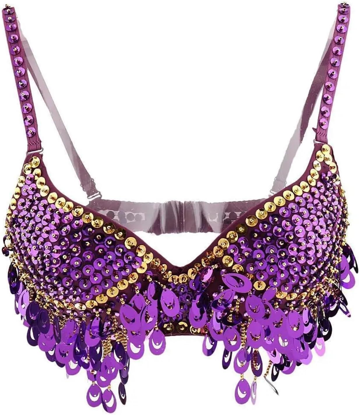 Bra Neck Sequin Tassel Bra Belly Free Multiple Sequin Sequin Tassel Halter Belly Dance Bra(Red)