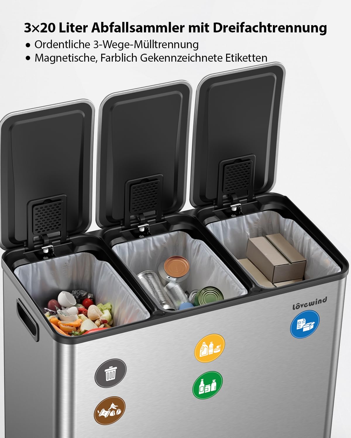 lovewind Mülleimer Küche,Mülleimer 3 Fächer,60L Mülltrennsystem, 3 x 20L, Tretmülleimer mit Deckel und Inneneimern, Stahl, Magnetisches Etikett,Soft-Close-Deckel,Silber