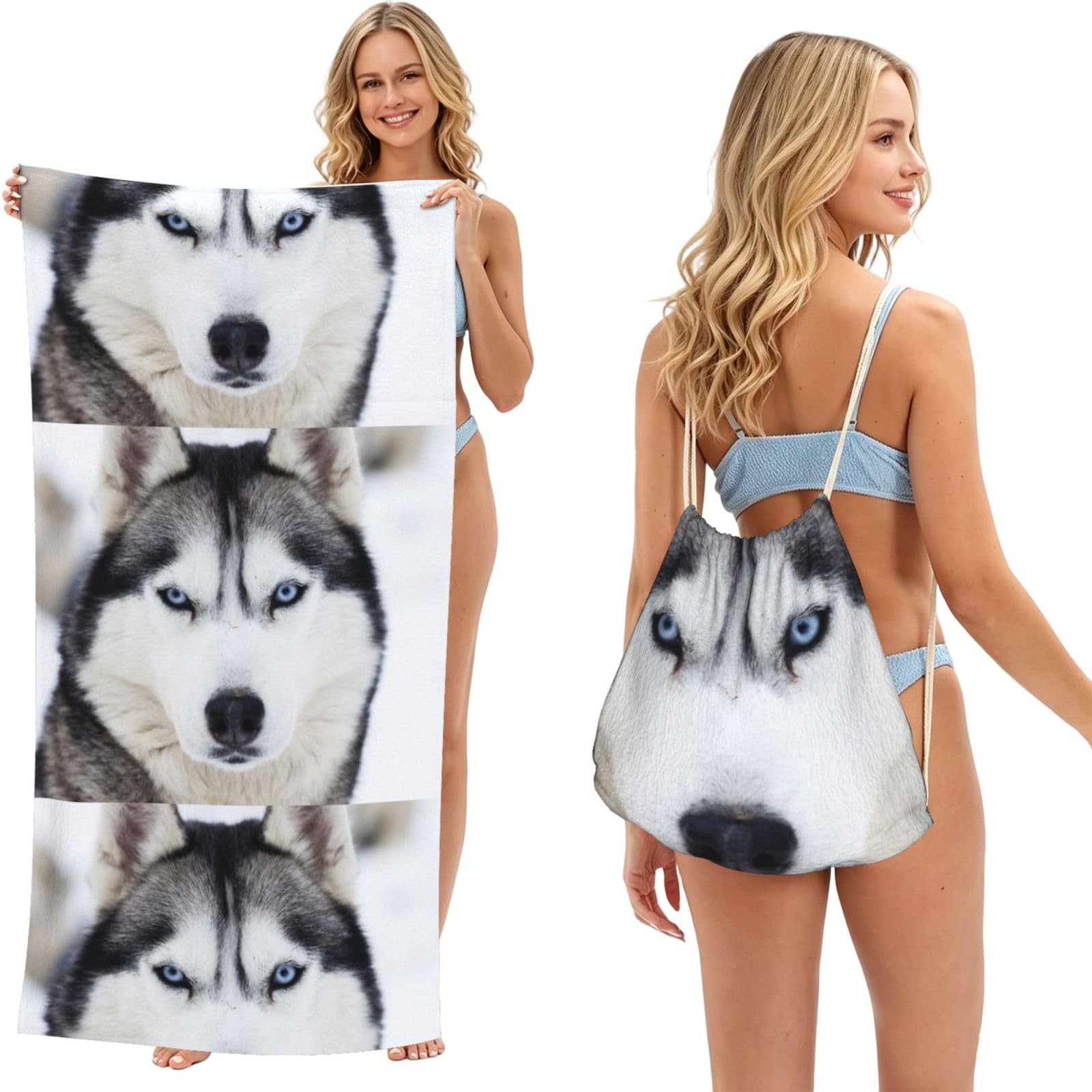 Poadnly As Picture Cute Husky, 2 In 1 Packable Towel Bag, Beach Towels With Drawstring Backpack For Travel Holiday Camping