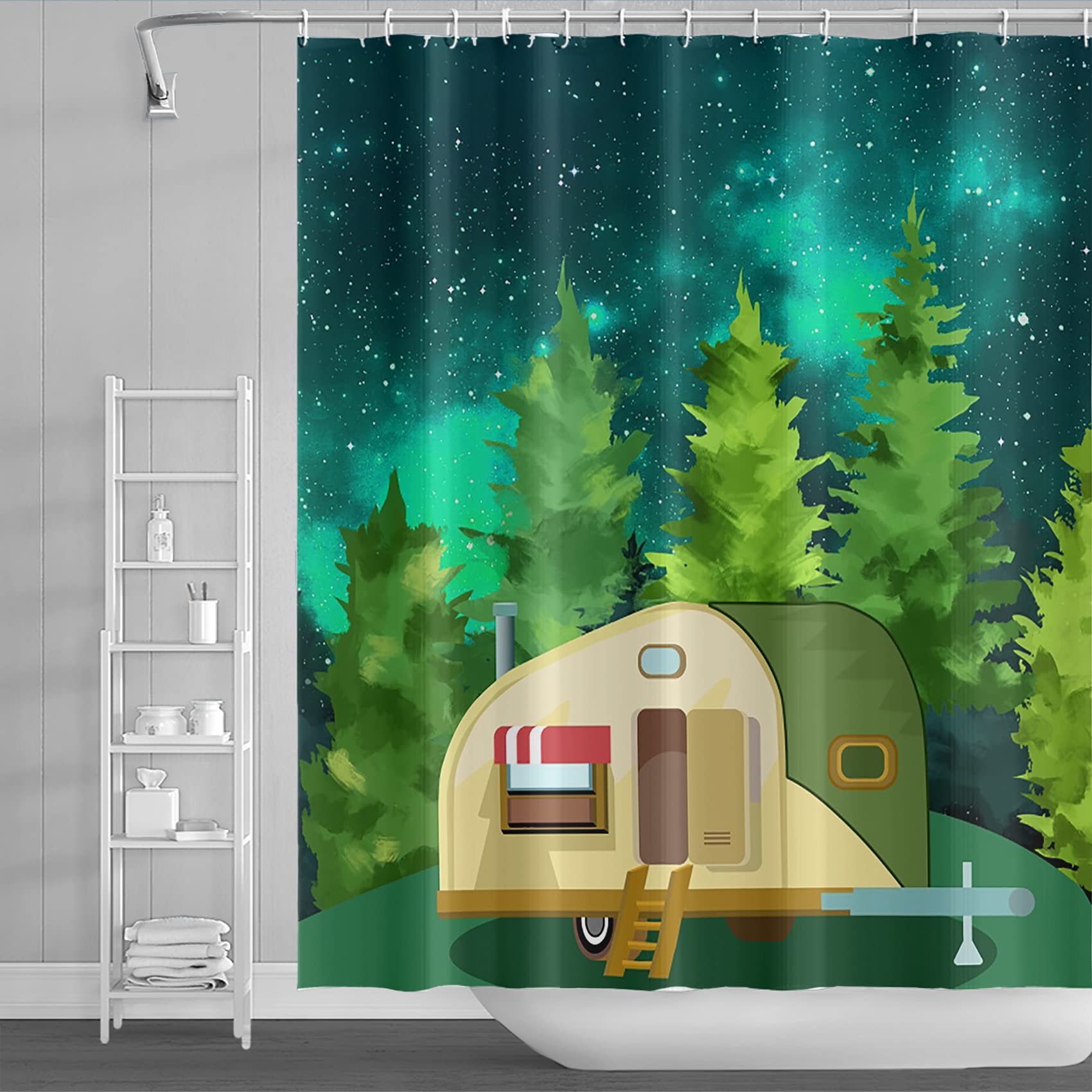 DORCEV 70x72inch Happy Camper Shower Curtain RV Shower Curtain Sets Spring Travel Night Starry Sky Green Forest Camping Adventure Watercolor Bath