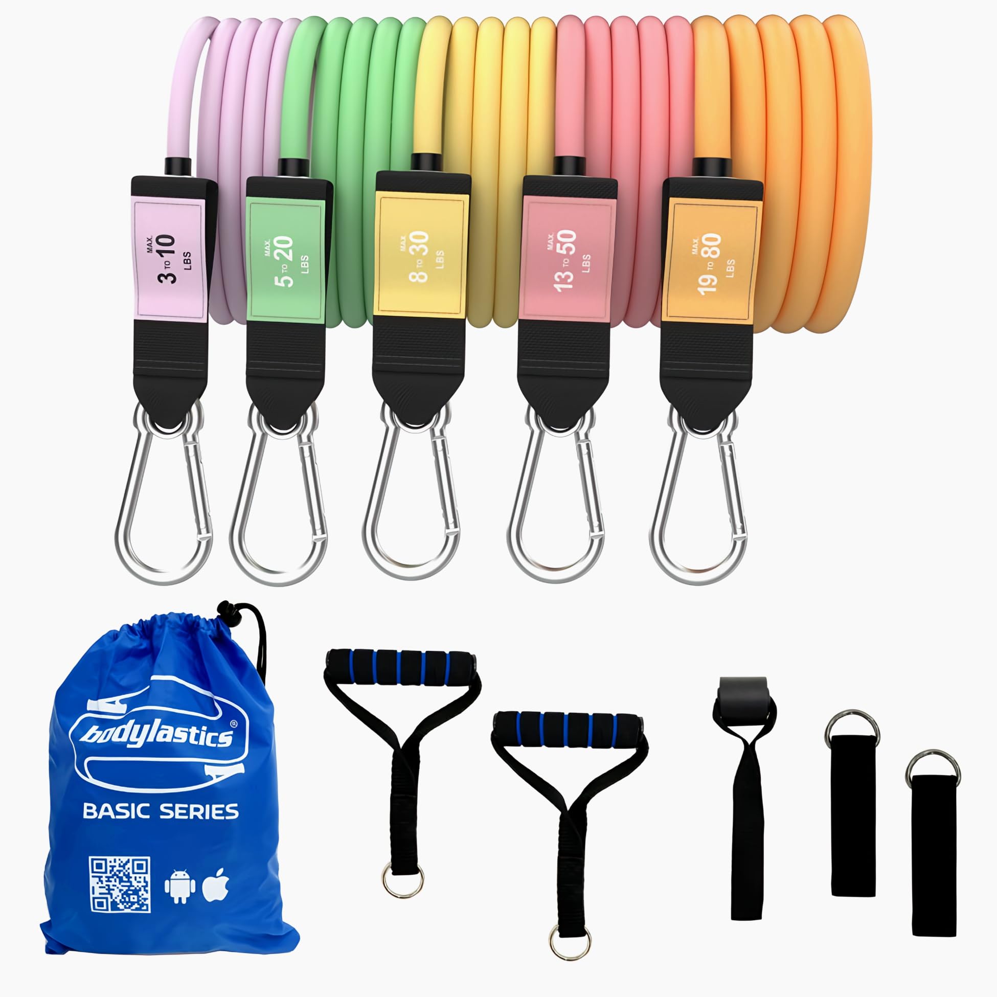 Bodylastics BASIC SERIES Resistance Band Set-Resistance Bands, Handles, Ankle Straps, Door Anchor, Carry Bag Heavy-Duty Exercise Bands-Patented Clips and Snap Reduction Tech (10-200 LBS Set Pastel)-image-17