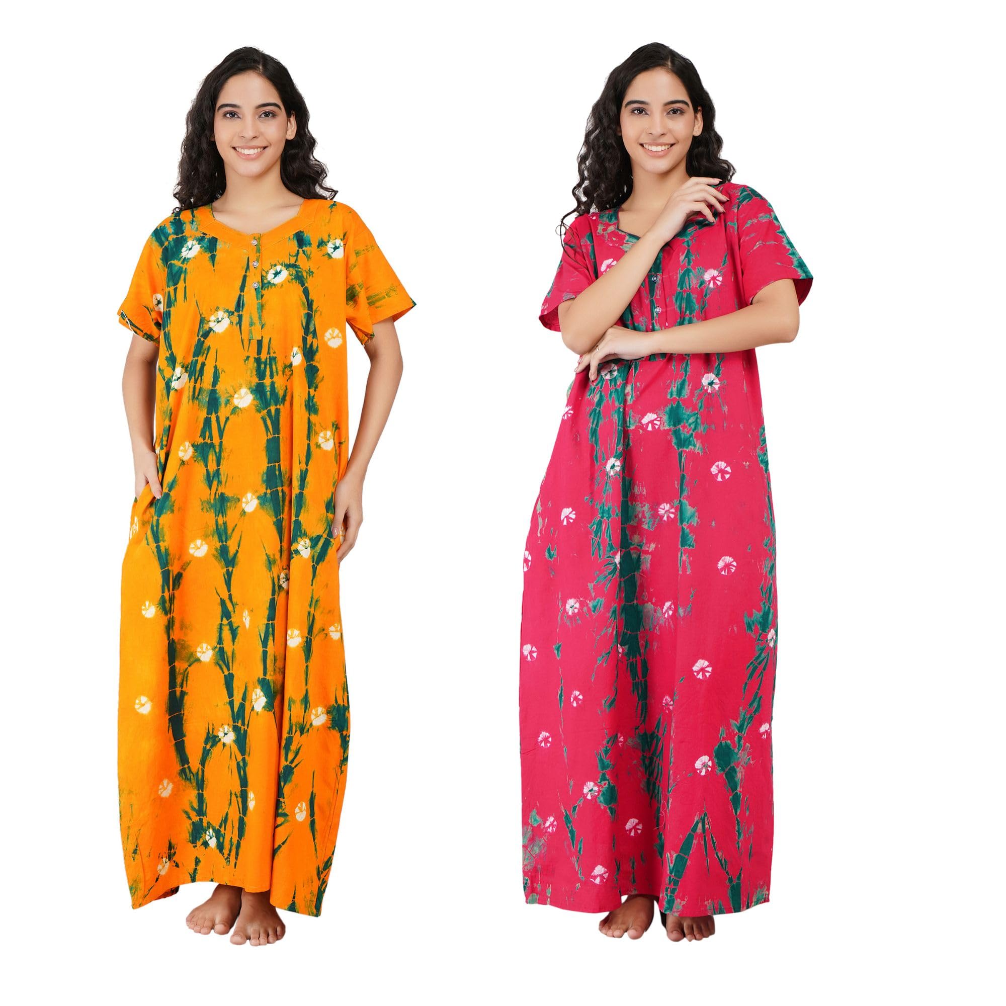 Women's Cotton Maxi Dress, Floral Print, Short Sleeve, Full Length Nightgown, Pack of 2 Orange and Pink-image-20