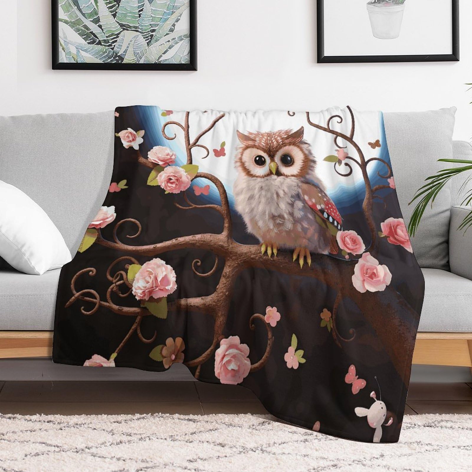 Couverture en micro polaire motif hibou et écureuil pour lit et canapé