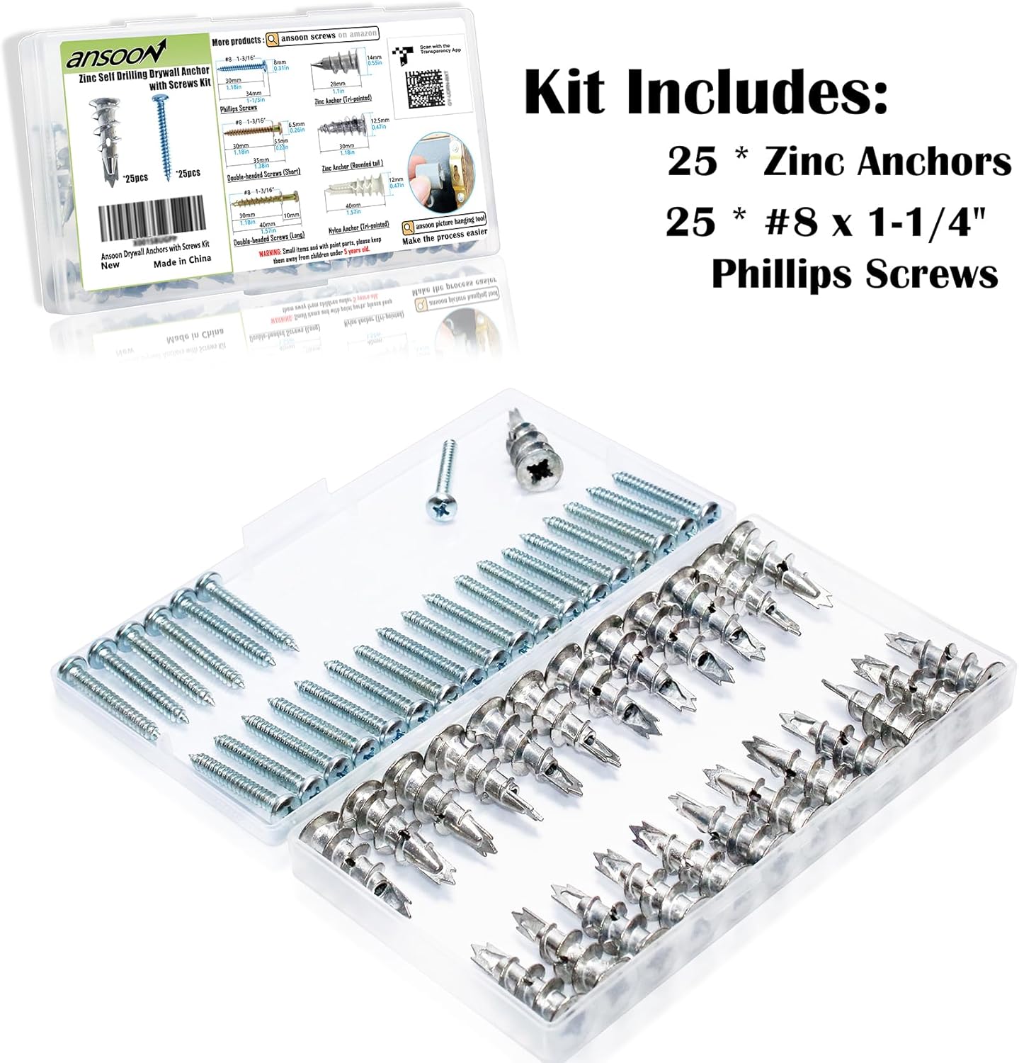 Zinc Self-Drilling Drywall Anchors with Screws Kit, 50 Pieces