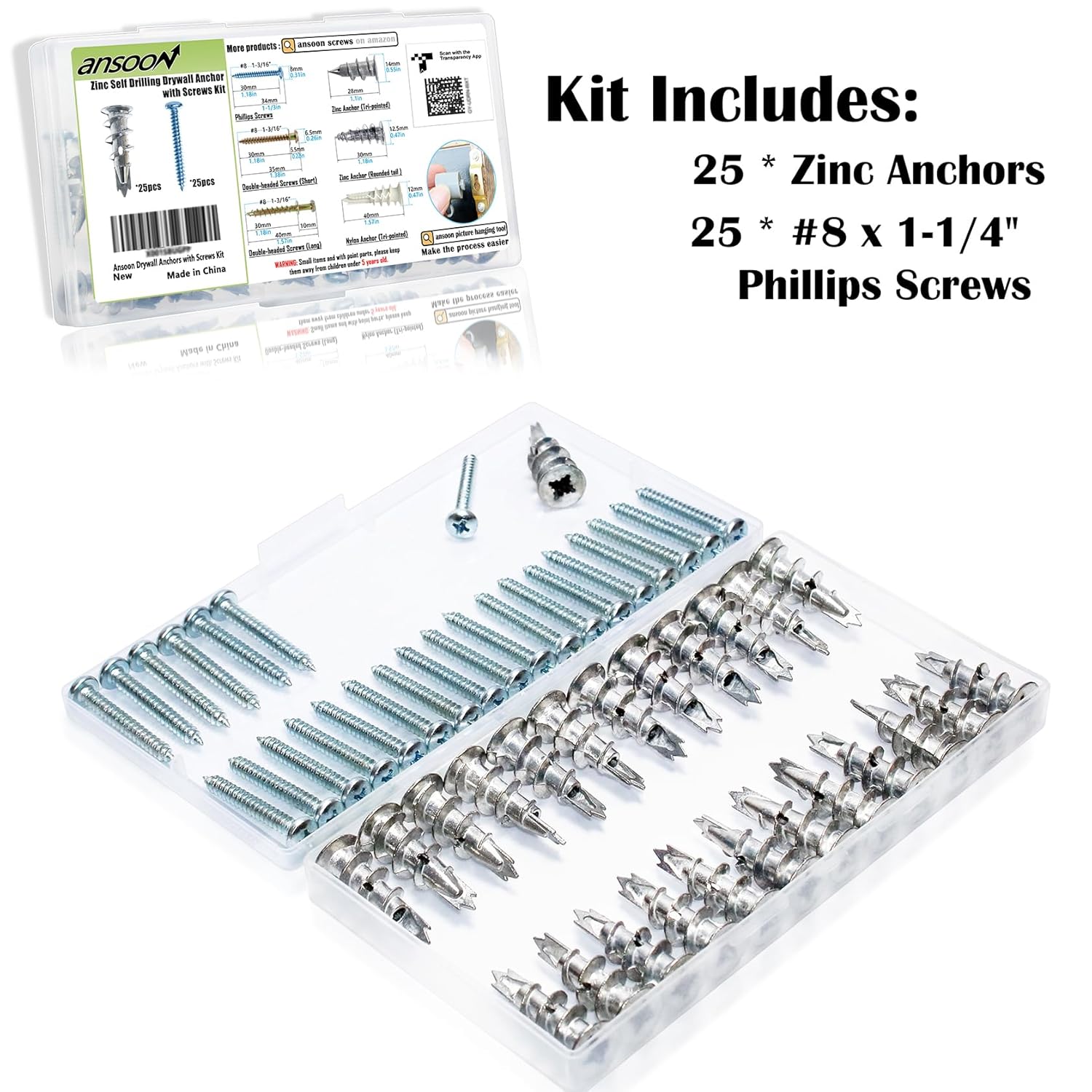 Zinc Self-Drilling Drywall Anchors with Screws Kit, 50 Pieces