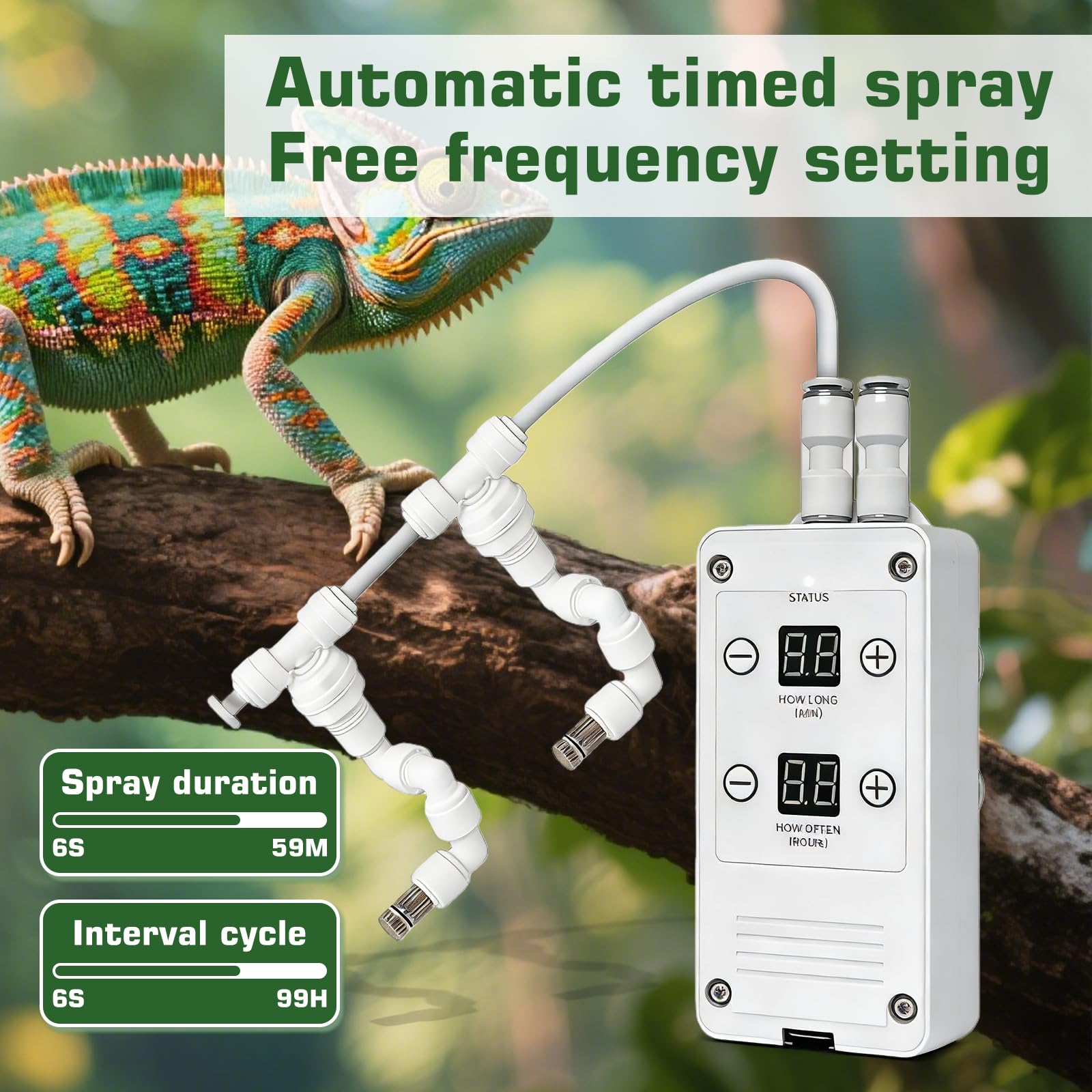 Sistema de riego Terrario Smart, sistema inteligente para reptiles con boquillas de pulverización de 360 ° con temporizador, humidificador de reptiles, atomizador automático para camaleones, anfibios