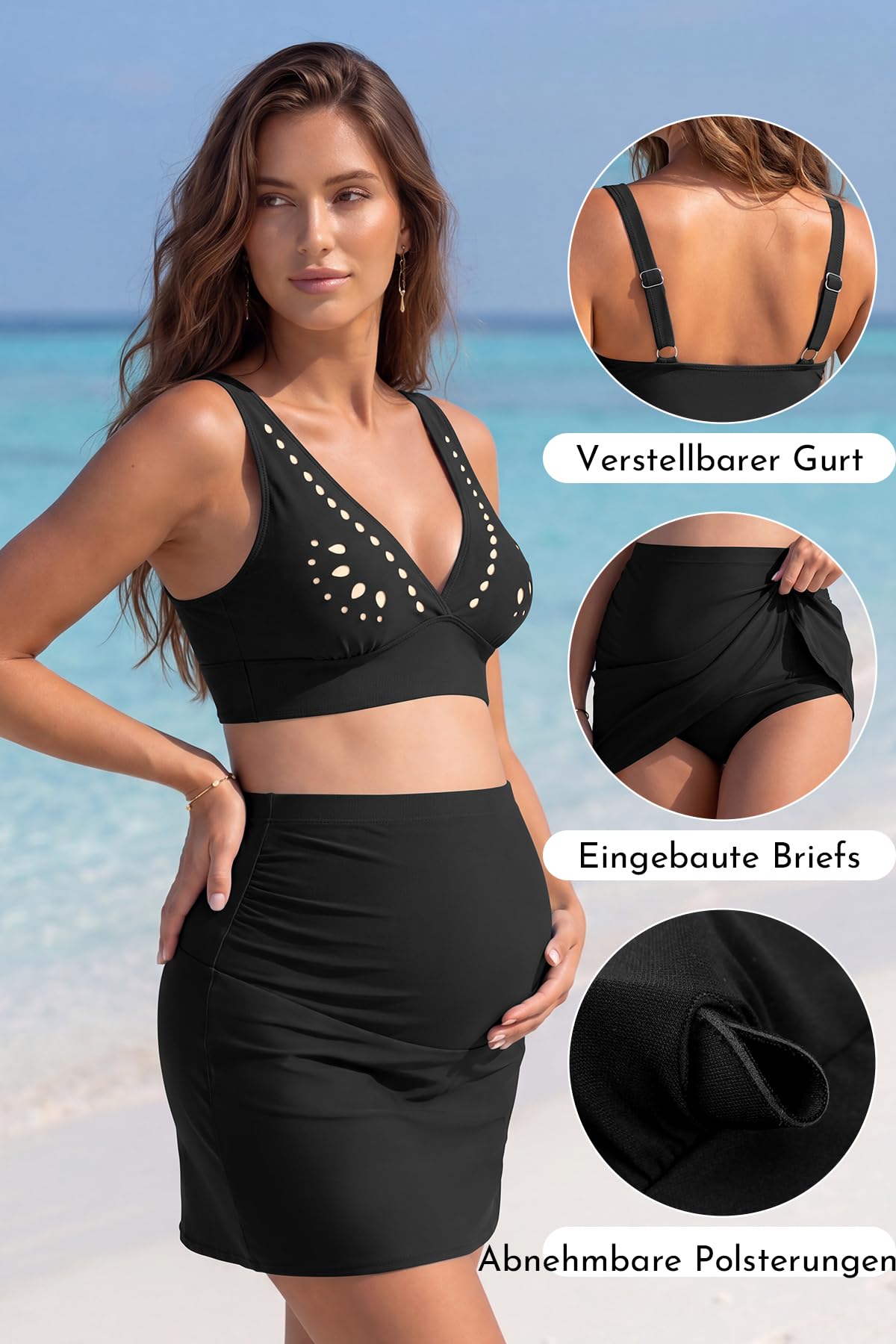 SHEKINI Frauen 2 Stück Mutterschaft Bikini Set Hollow-Out Swim Top mit Schwangerschaft Rock Boden