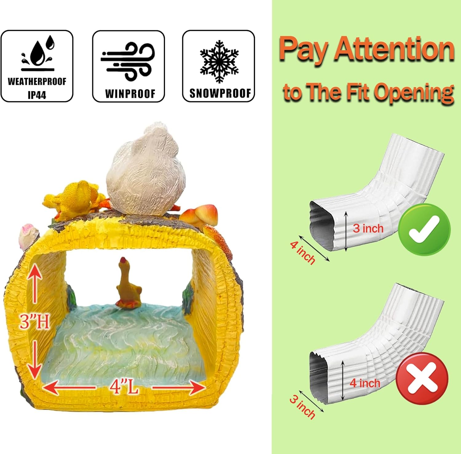 Eco-Friendly Duck Statue - Outdoor Decor Sculpture, Garden Animal Statue, Gutter Diverter Rain, Downspout Extender, Splash Block, Decorative Gutter Extension, Ornament, 3"x4" Fit