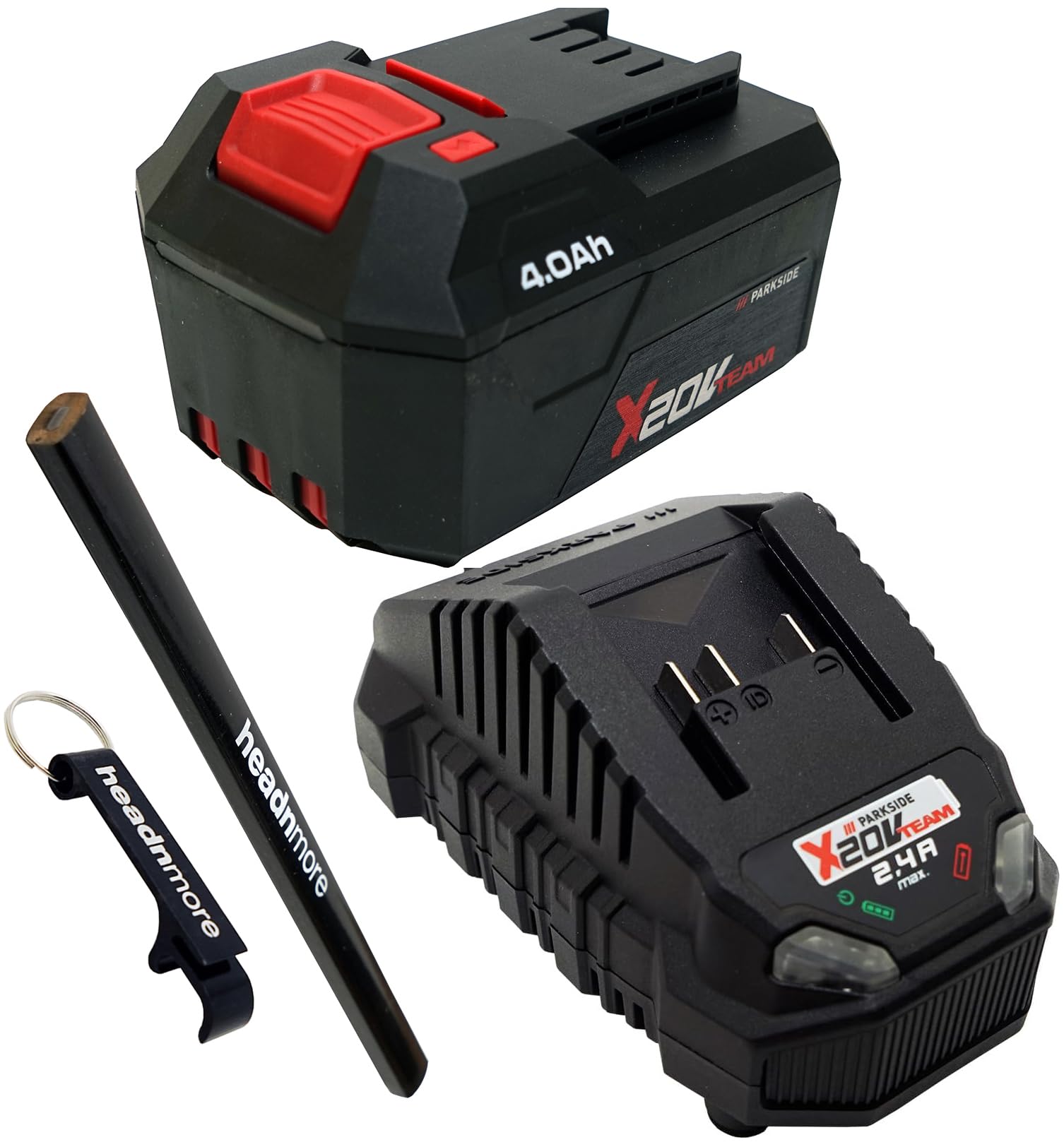 Offre HEADNMORE pour Batterie Parkside® 20 V 4 Ah et Chargeur 2,4 A – Compatible Parkside X 20 V Team INCL. Crayon et décapsuleur HEADNMORE