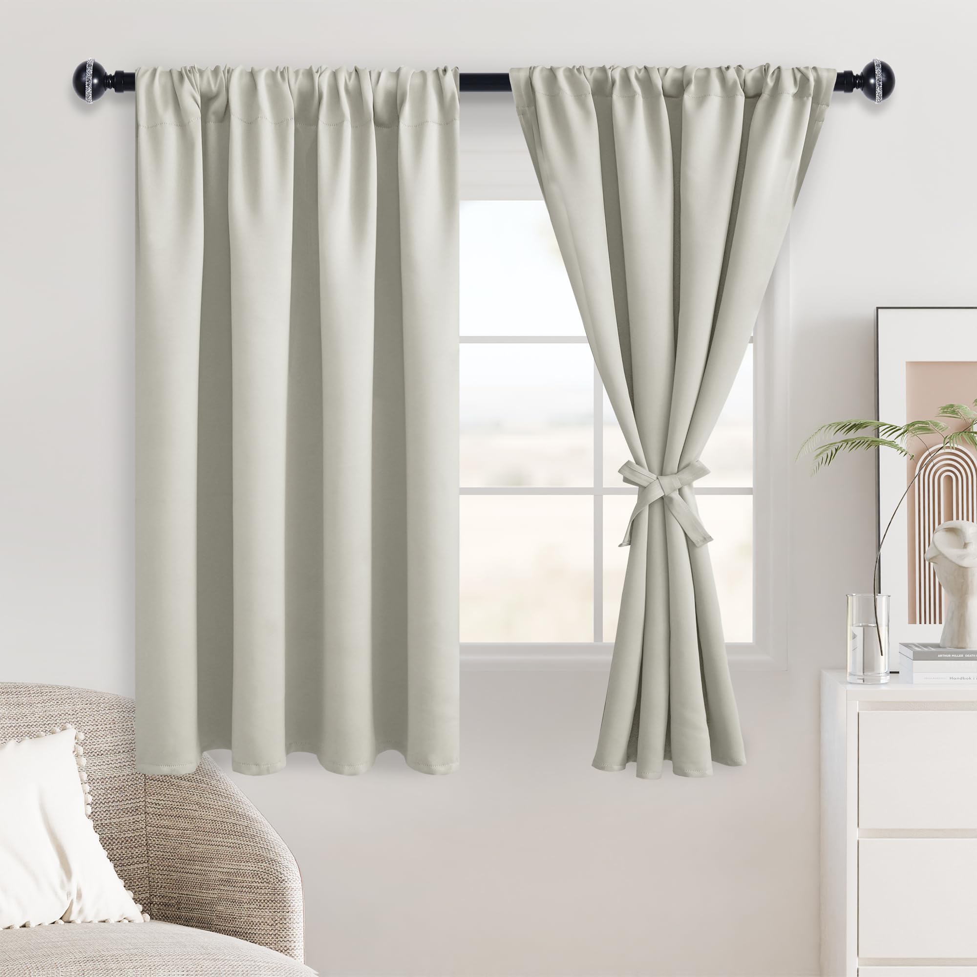 JIUZHEN Blackout Curtains for Bedroom - Thermal Insulated Room Darkening Noise Reducing, 38 x 54 Inch Length Curtains for Living Room, Set of 2 Panels with Tiebacks,Ivory