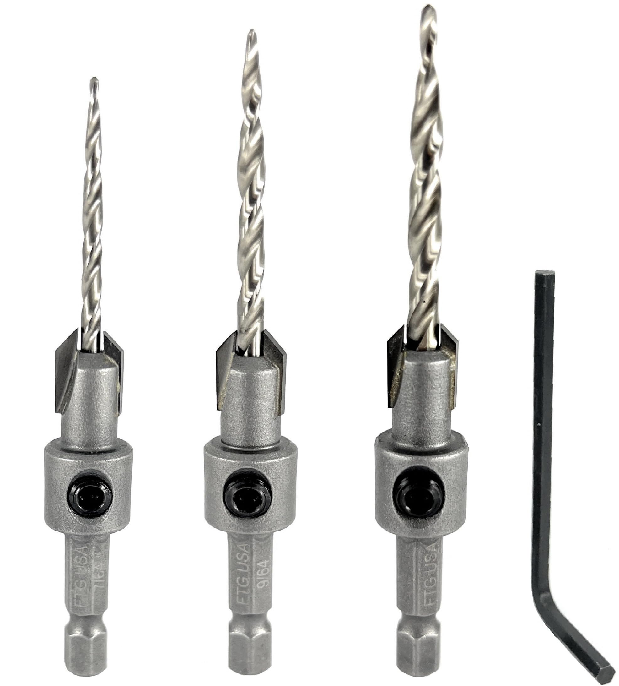 FTG USA #4#6#8 Tungsten Carbide Tipped Countersink Drill Bit with Tapered Drill Bit, 1/4 Inch Quick Change Hex Shank and Allen Wrench
