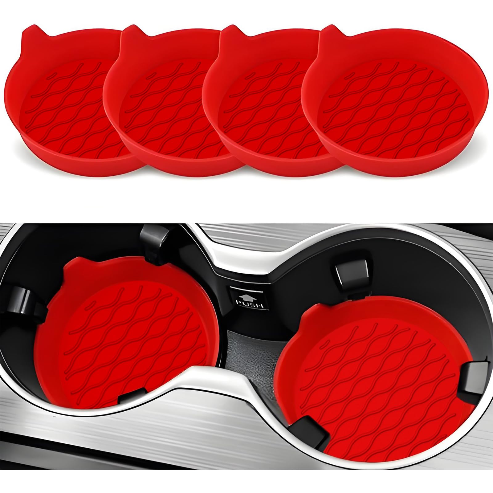 Car Cup Holder Coasters,4PCS Universal Silicone Non-Slip Car Drink Holder Mats, Waterproof Spill-Proof Cup Coasters for Car Interior Accessories, Vehicle Cup Insert Pads for Most Cars, Black (Red)