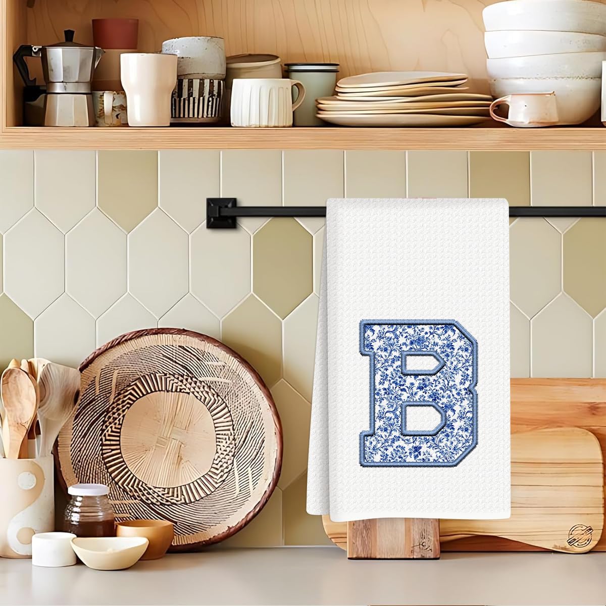 Chinoiserie Monogrammed Hand Towels, Monogrammed Kitchen Towels, Personalized Kitchen Towel, Personalized Gifts for Women, Reusable Initial B Waffle Towel for Bathroom Home Decor 14x24 Inch