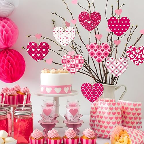 Miniatura 7 de A1idee - 45 adornos colgantes de madera para el día de San Valentín, decoración de 15 estilos rojo y rosa en forma de corazón, patrón de amor con