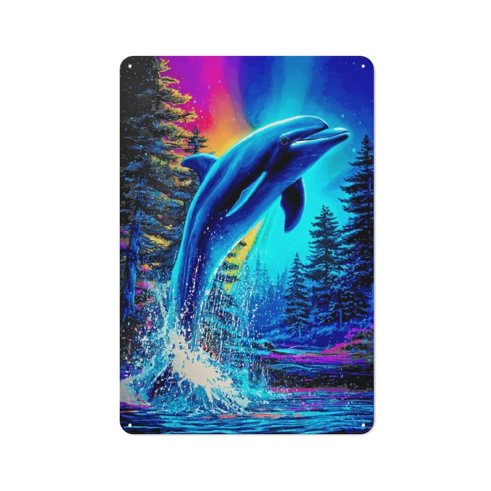 Metal Plaque with Dolphin Leaping in Colorful Forest Design 30x20cm, Cosy Diner Style Decor for Coffee Bar, Kitchen, Bistro Or Tea Corner