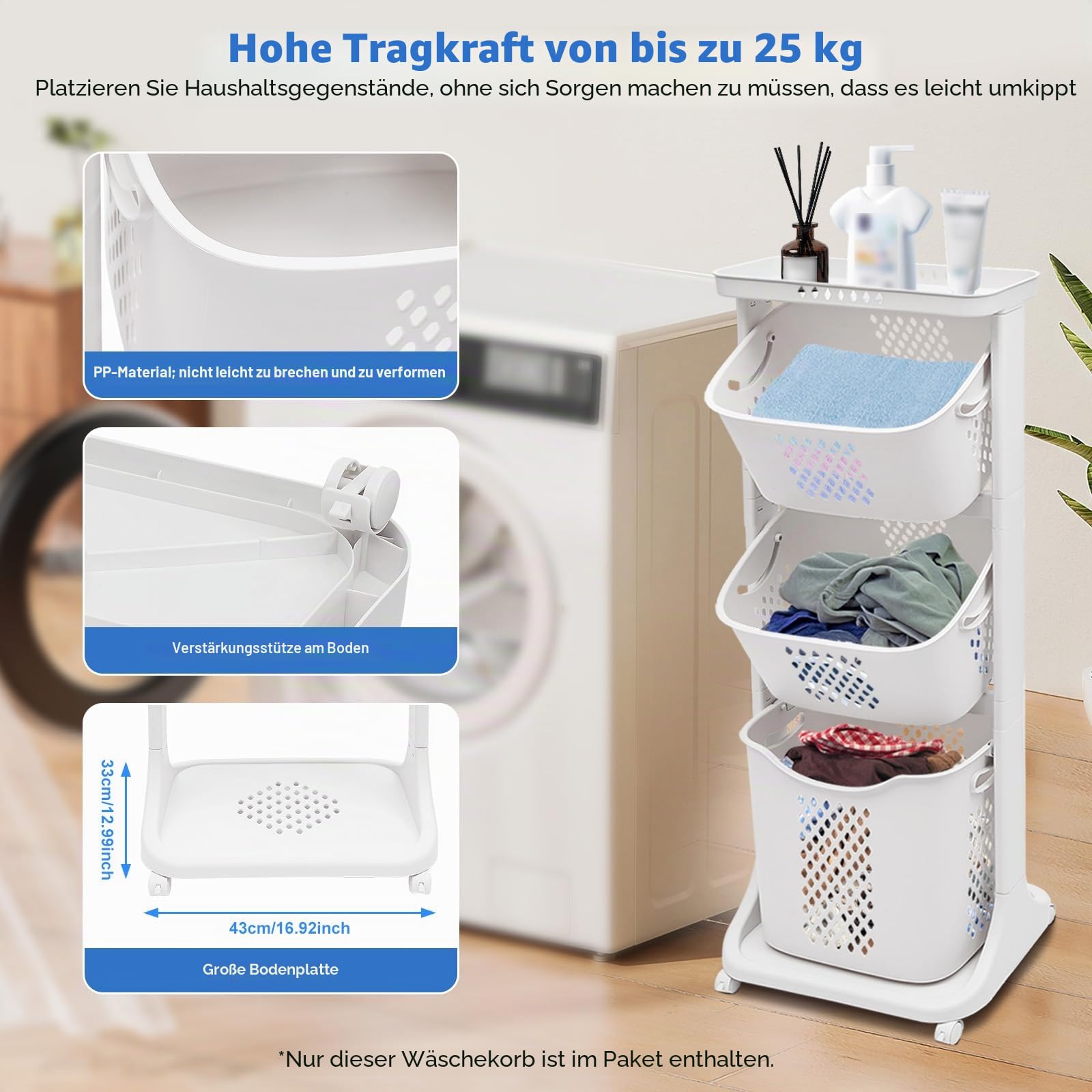Wäschekorb 3 Fächer auf Rollen, Wäschekorbwagen Mehrstöckig, Kunststoff Wäschekorb mit Rollen, Laundry Basket Kunststoffkorb für Wäsche Wäschebox Wäschesammler Aufbewahrung Plastik weiß