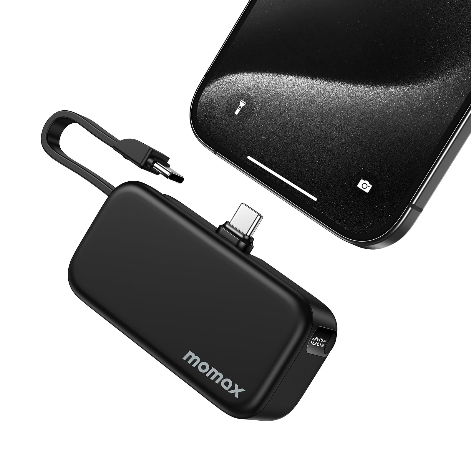 Momax Portable Charger Power Bank with Built-in Foldable USB-C Connector & USB-C Cable, 5000 mah Portable Phone Charger with Digital Display for iPhone 15, Android Phone, Laptop, iPad Pro/Air, AirPods