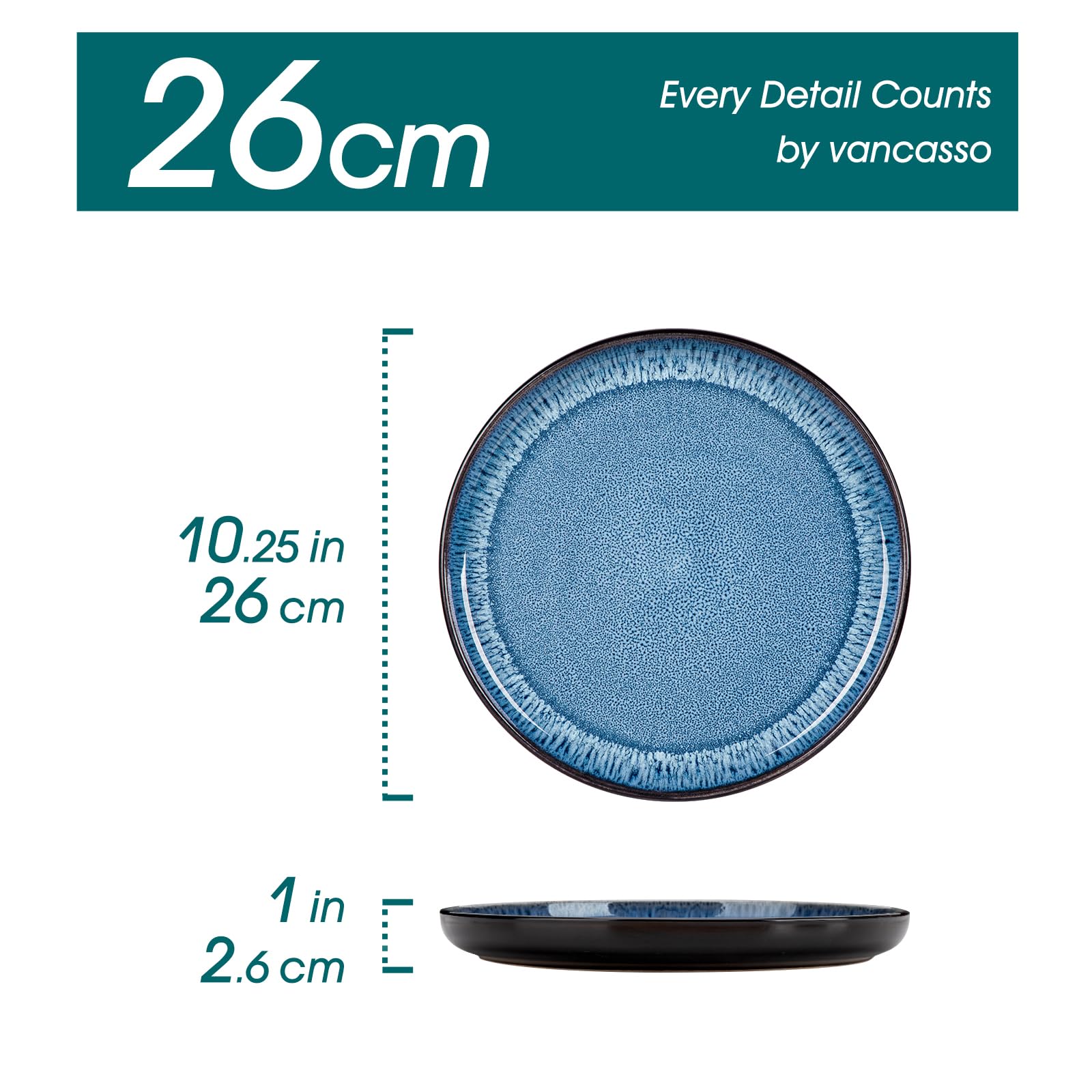 vancasso Stoneware Dinner Plate Set for 6 People, Plate Set, Crockery for Dishwasher and Microwave, Pasta, Cake Plate, Blue