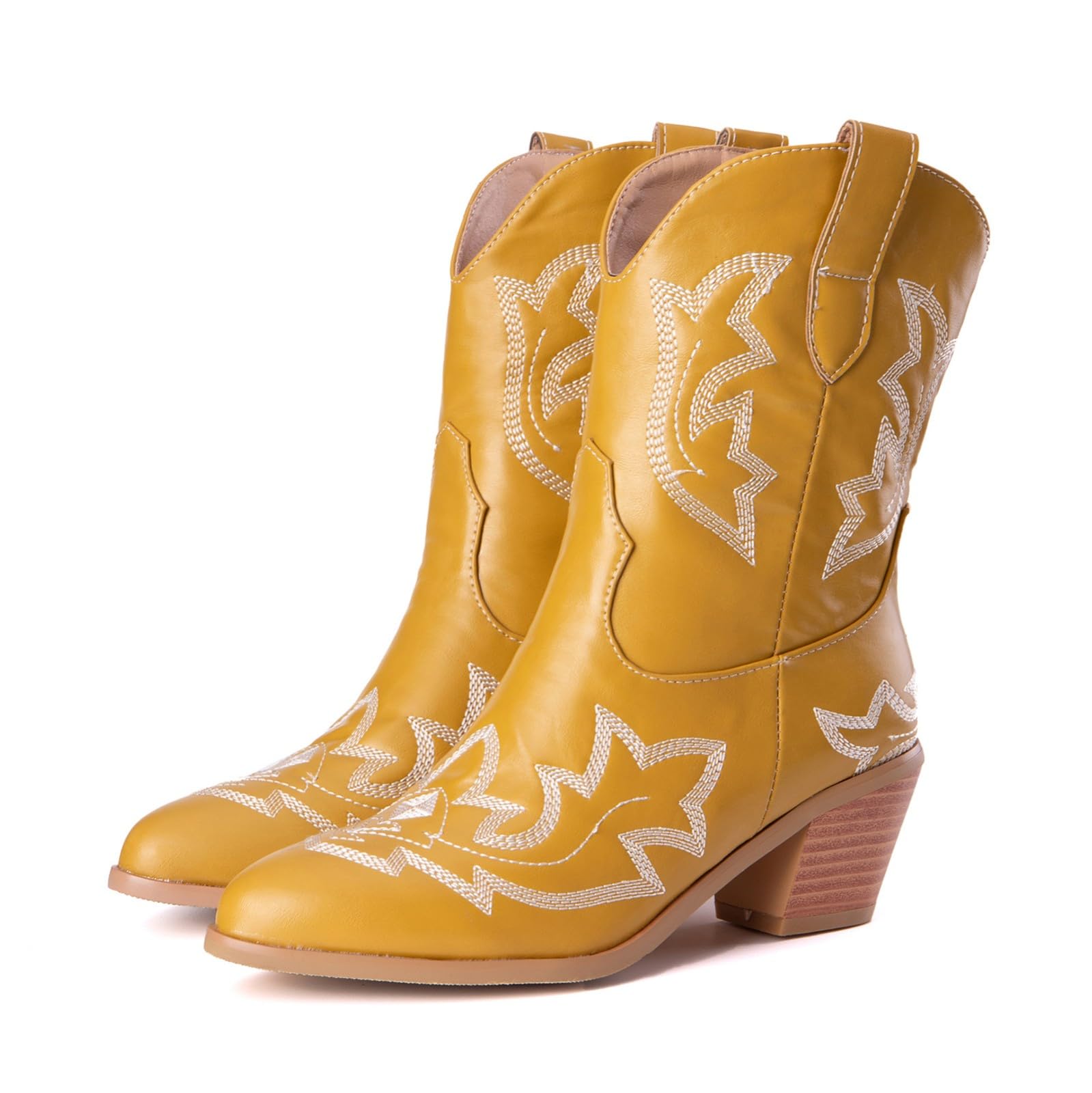 Stivali da donna a metà polpaccio da cowboy western, classici vintage, ricamati, tacco a blocco, in pelle PU, stivali da donna in stile country equitazione western scarpe da sposa, Giallo, 41 EU