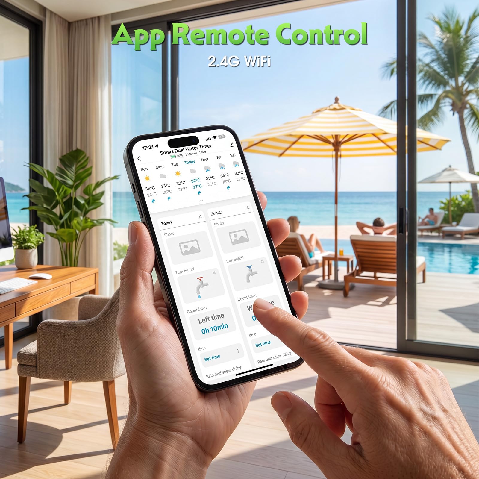 Programador Riego WiFi para Jardines,Terrazas,Césped y Zonas Exteriores,Entrada de Latón Sistema de Riego Automático con 2 Salidas,Concentrador WiFi y Función de Control Remoto