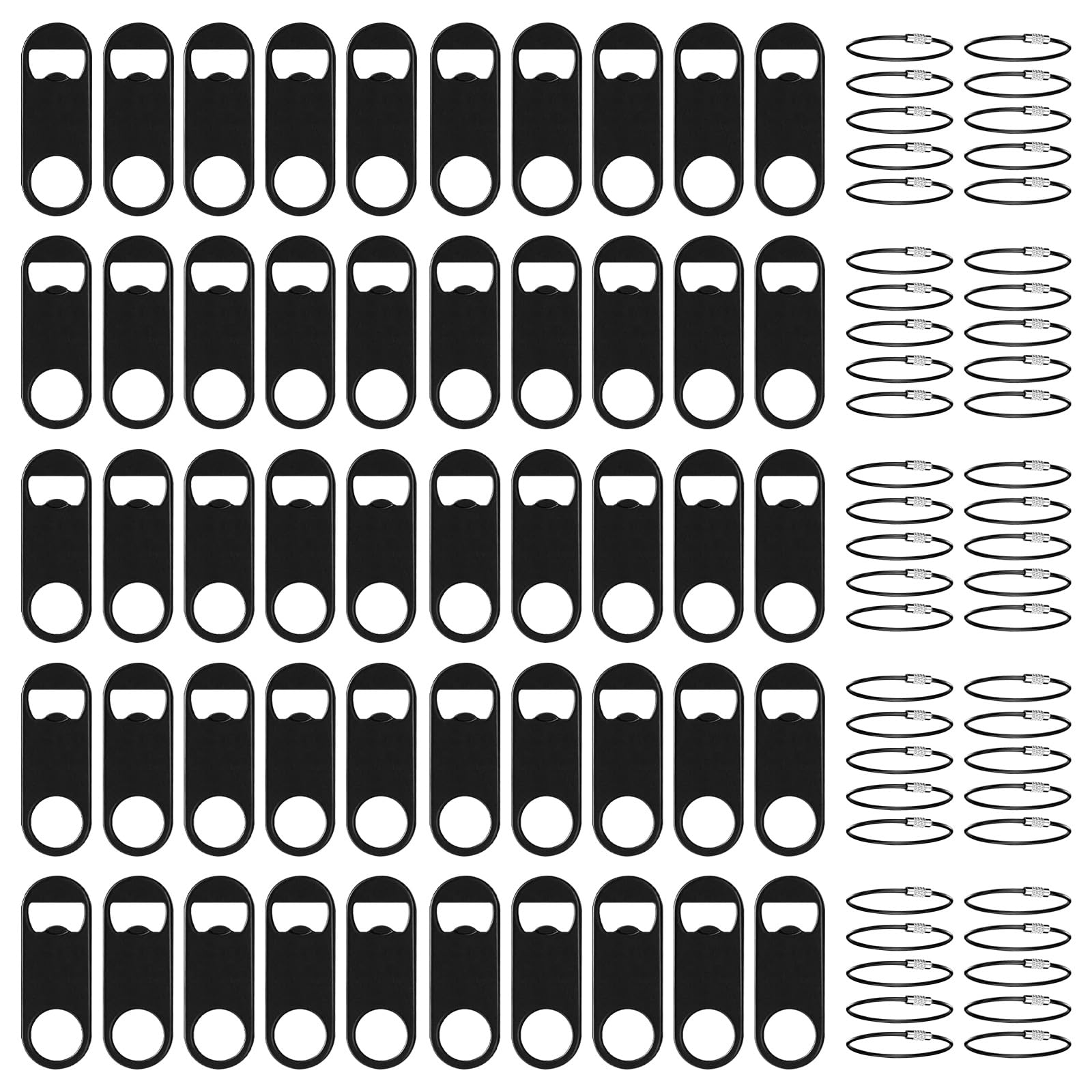 Paquete de 50 abrebotellas plano de acero inoxidable con llavero de 3.5 pulgadas, abrebotellas de cerveza plano, llavero negro mini abridor de botellas de metal para camarero, cocina, bar,