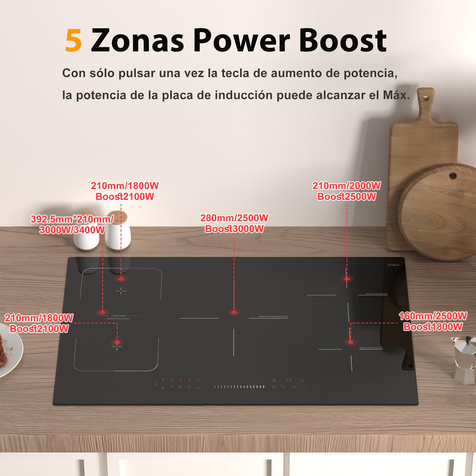 Placa Inducción 5 Zonas, Placa Inducción Integrada de 90cm Autosuficiente | Hobsir, 7200W, Zona Flexible Para Grill, Control Táctil Deslizante, Bloqueo de Seguridad, Función Boost, 240v, Sin Enchufe