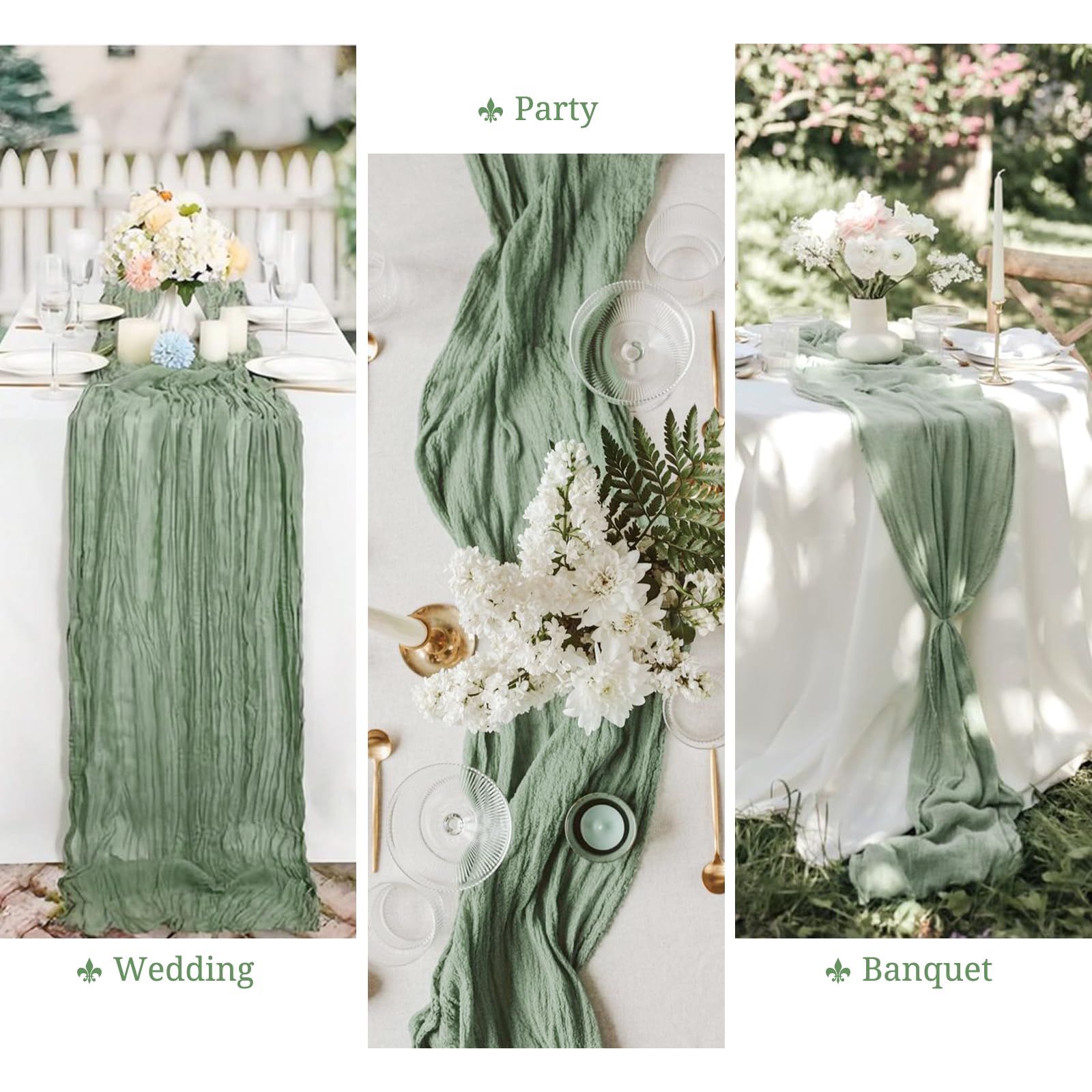 Confezione da 6 runner da tavola in garza verde salvia, 3,5 m garza boho 51 × 300 cm rustico romantico lungo per festa di nozze addio al nubilato Ringraziamento decorazione natalizia