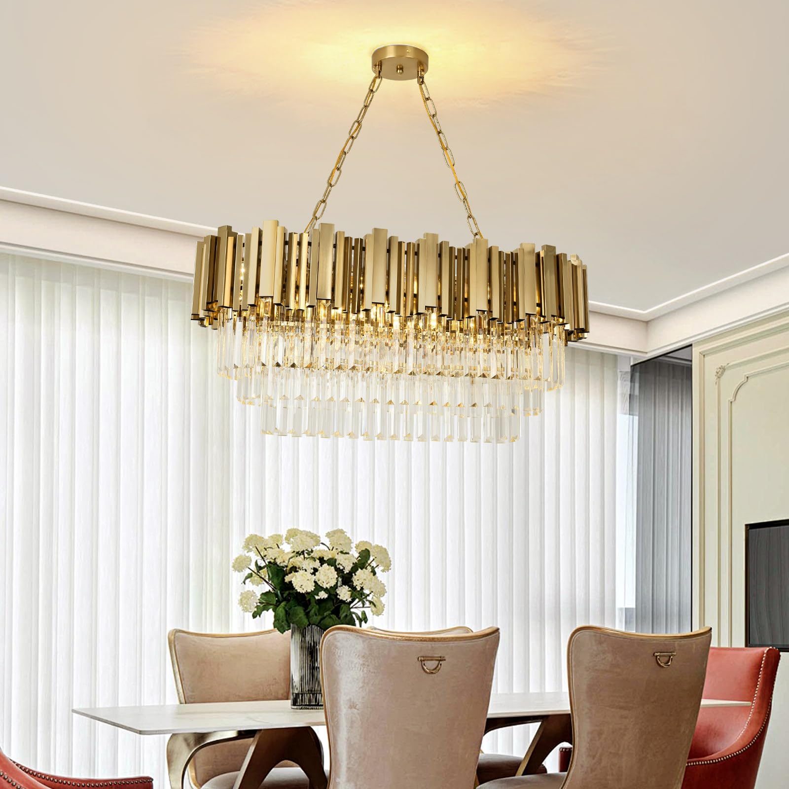 Lampadario moderno in cristallo oro, illuminazione a sospensione ovale in cristallo per soggiorno, sala da pranzo, camera da letto, ristorante, E14 x 8, 80 x 35cm