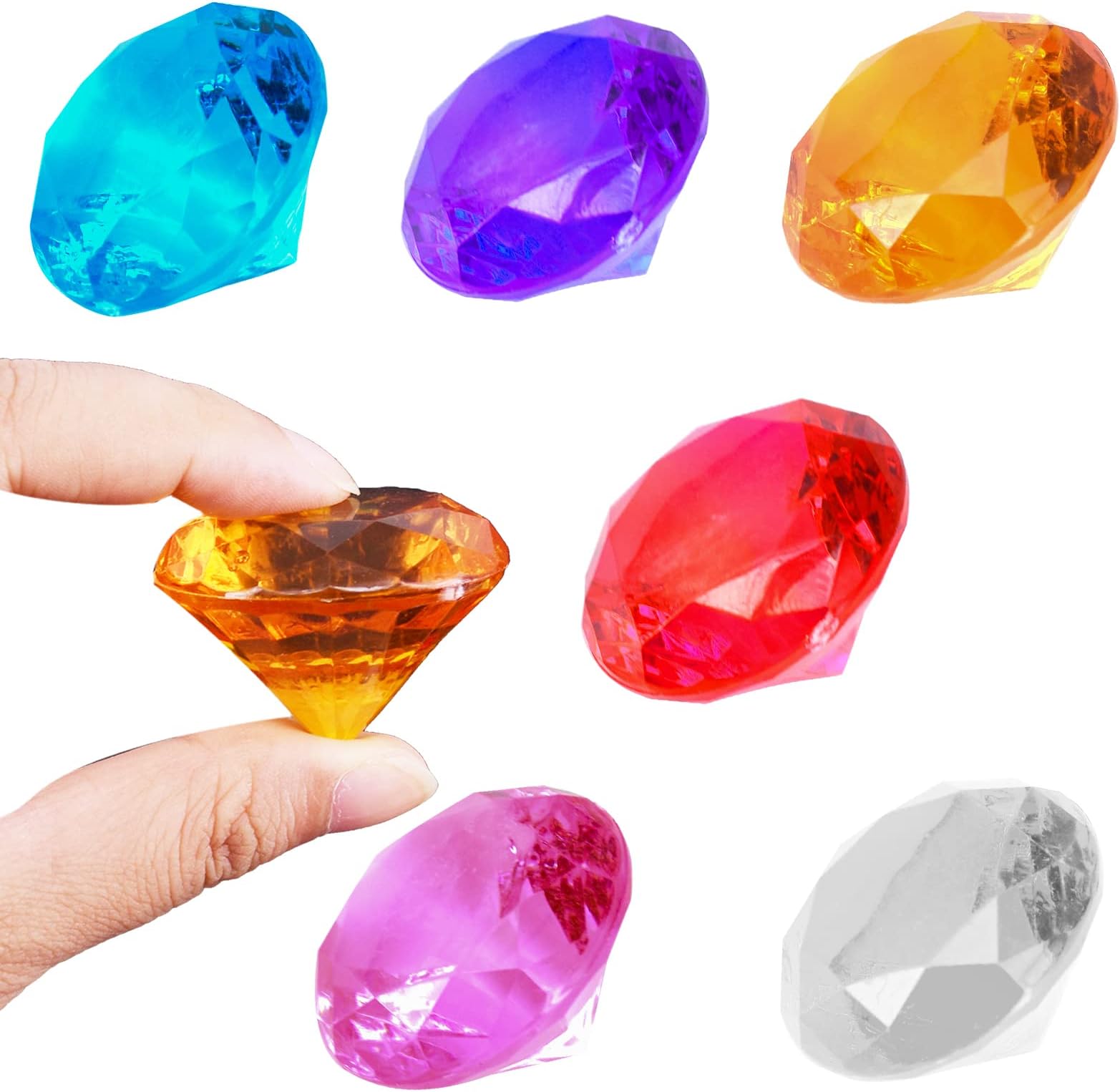 6Pcs 40mm Gemstones for Kids, Big Size Kids Diamond Toy Acrylic Diamond Gems Jewels Large Pirate Treasure Chest Hunt Toy Fake Plastic Children Crystals for Party Favors Wedding Decorations Vase Filler