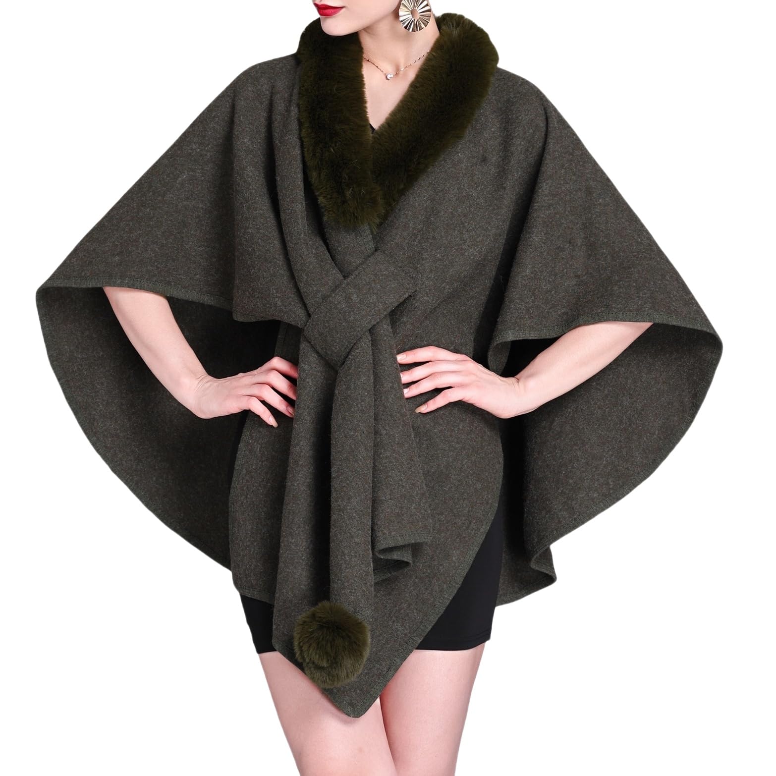 LIUYUYOUGO Women Winter Faux Fur Shawl Stole Warm Wrap Cape Shrug With Fur Collar Knitted Poncho Elegant Open Front Knitted Cardigan Winter Woolen Coat Ruana Cloak Army Green
