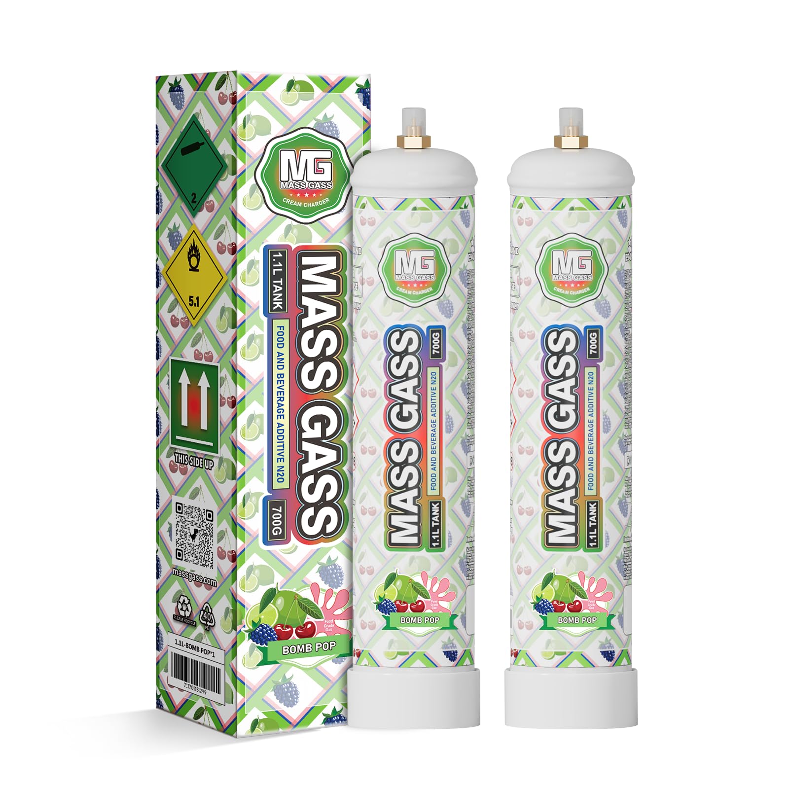 Whipped Cream Charger,MassGass Cream Chargers Tank Food Grade 99.9%-Purity 700g1.1L(2 Cylinders, BOMB POP)