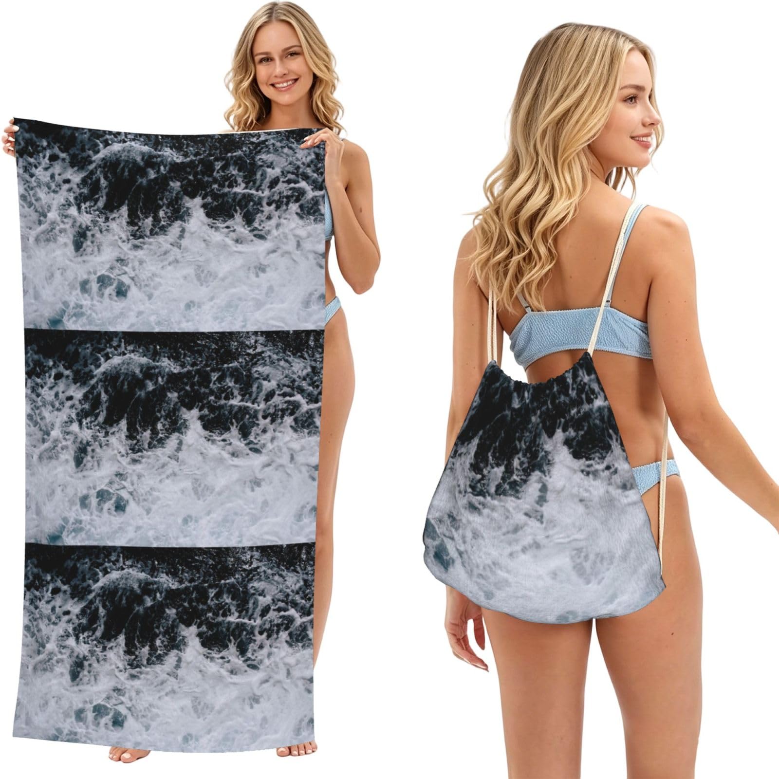 Poadnly As Picture Ocean Splash Foam Printed, 2 In 1 Packable Towel Bag, Beach Towels With Drawstring Backpack For Travel Holiday Camping