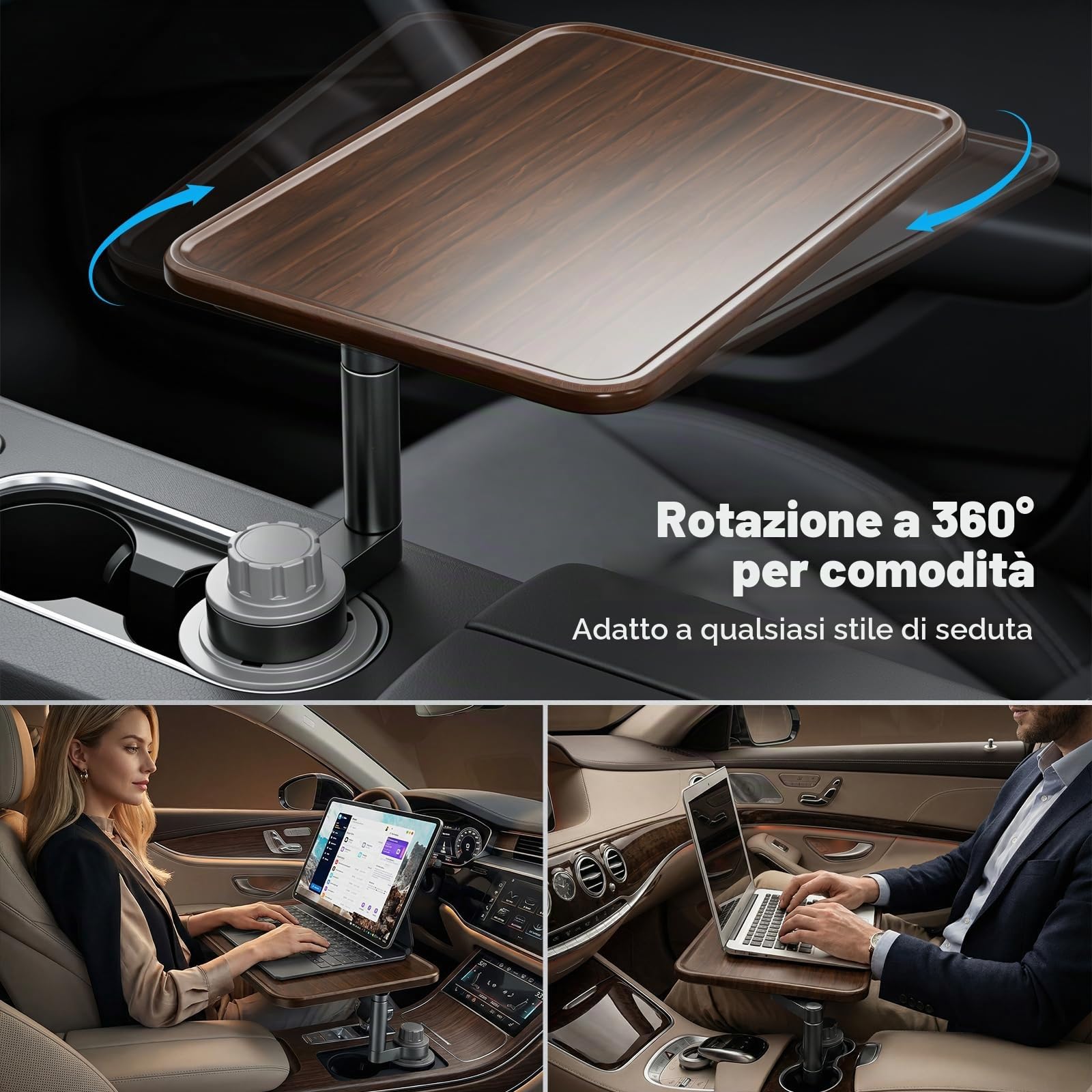 Supporto da auto per laptop,tavolino portabicchieri in legno con rotazione a 360°Tavolino da auto e vassoio portaoggetti compatibile con Tesla Model,Ford e la maggior parte dei veicoli