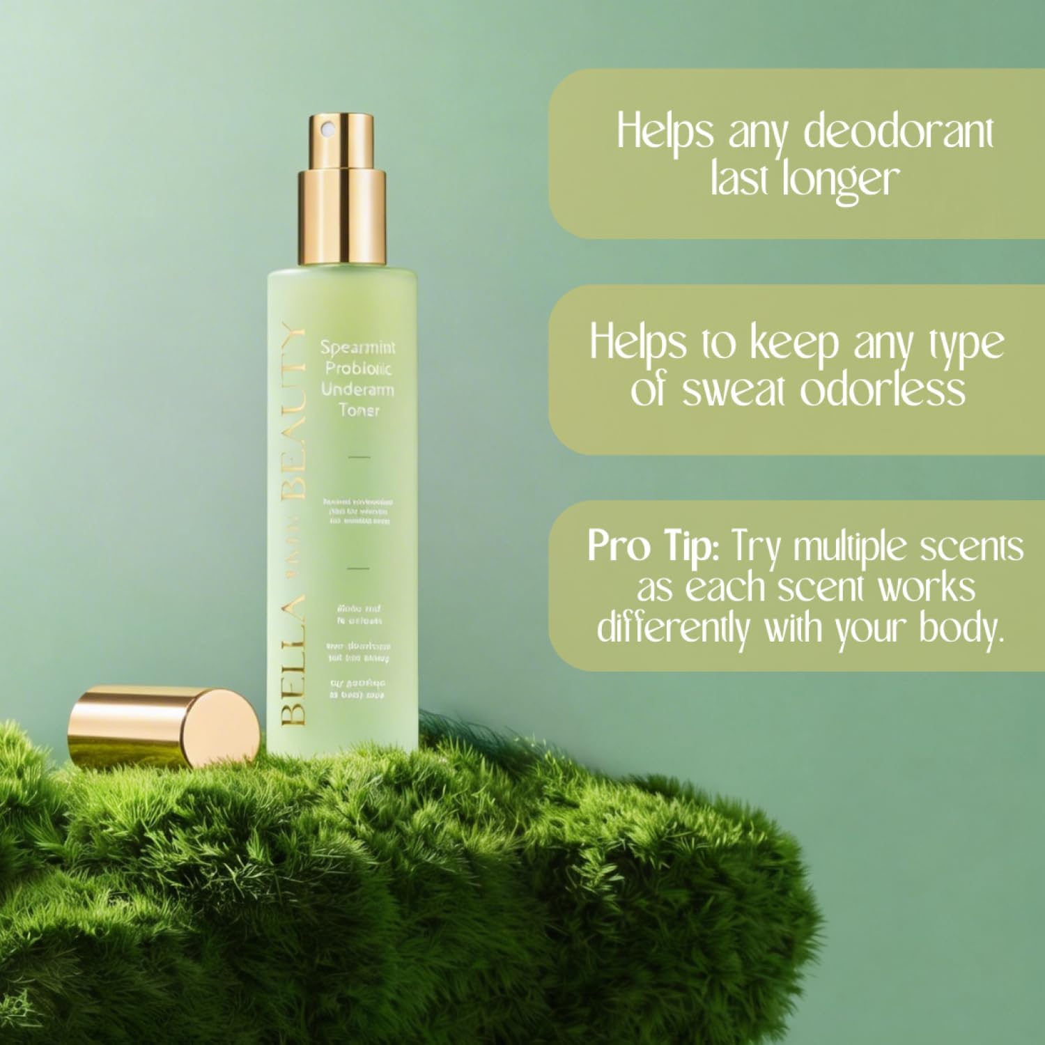 Bella Skin Beauty Deodorant Enhancer® Probiotic Underarm Toner - Spearmint - Patented Pre-Deodorant Spray That Helps Deodorants Last Longer and Helps Sweat Stay Odorless - Underarm Spray, Wipe, Apply