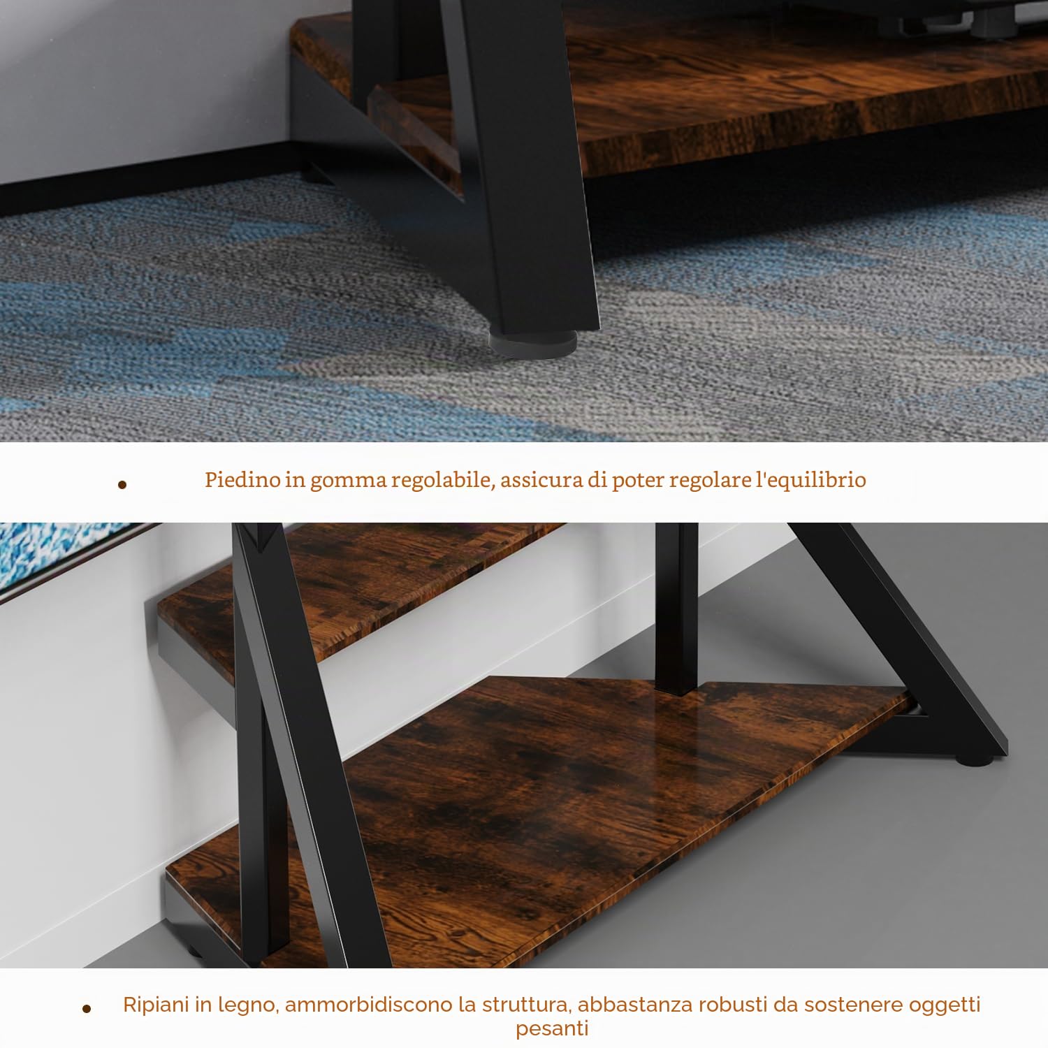UNHO Supporto TV da Terra: Mobile Supporto TV da Pavimento Ripiani Legno Bello Design Porta TV da Terra per 40-75 Pollici Regolabile in Altezza Max VESA 600x400mm Portata 80kg