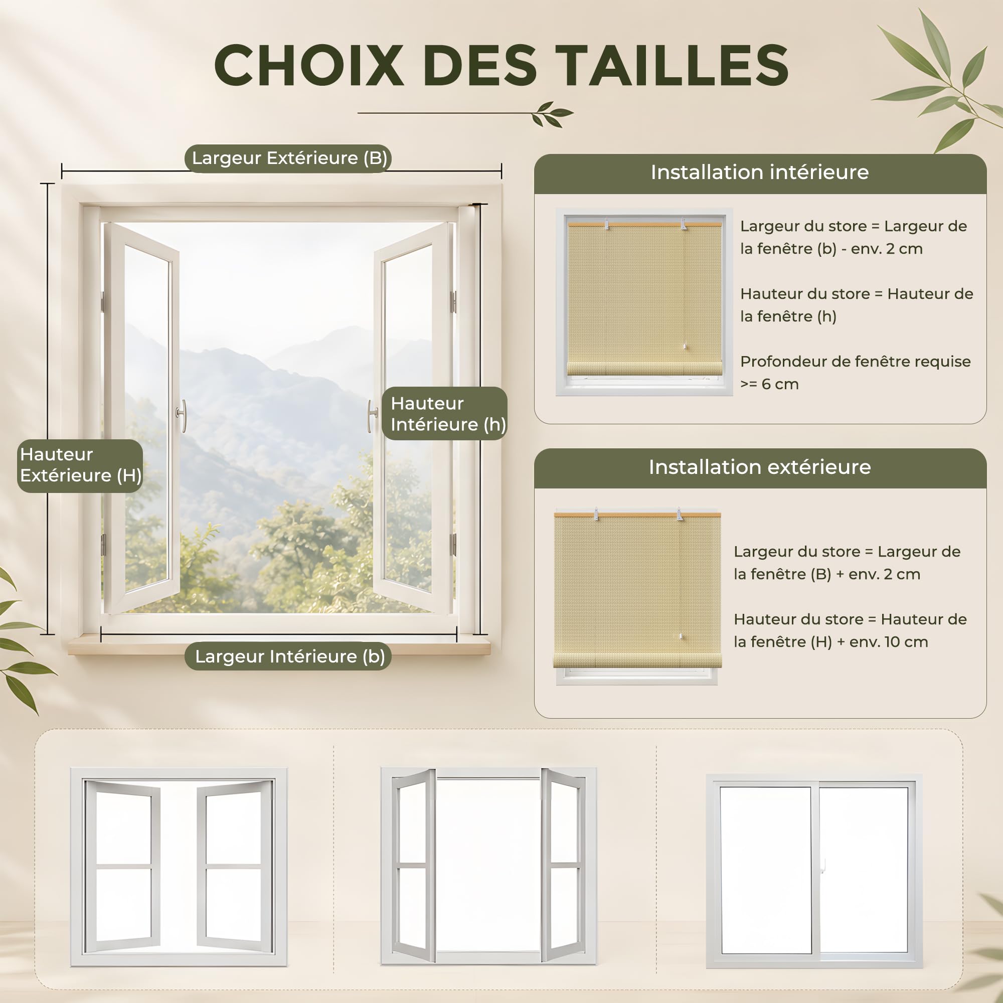 HOMEDEMO Store Enrouleur Bambou, Occultant pour Fenêtre, Protection Intimité, Intérieur Extérieur, Facile à Installer, Store pour Salon, Beige, 150l x 220L cm