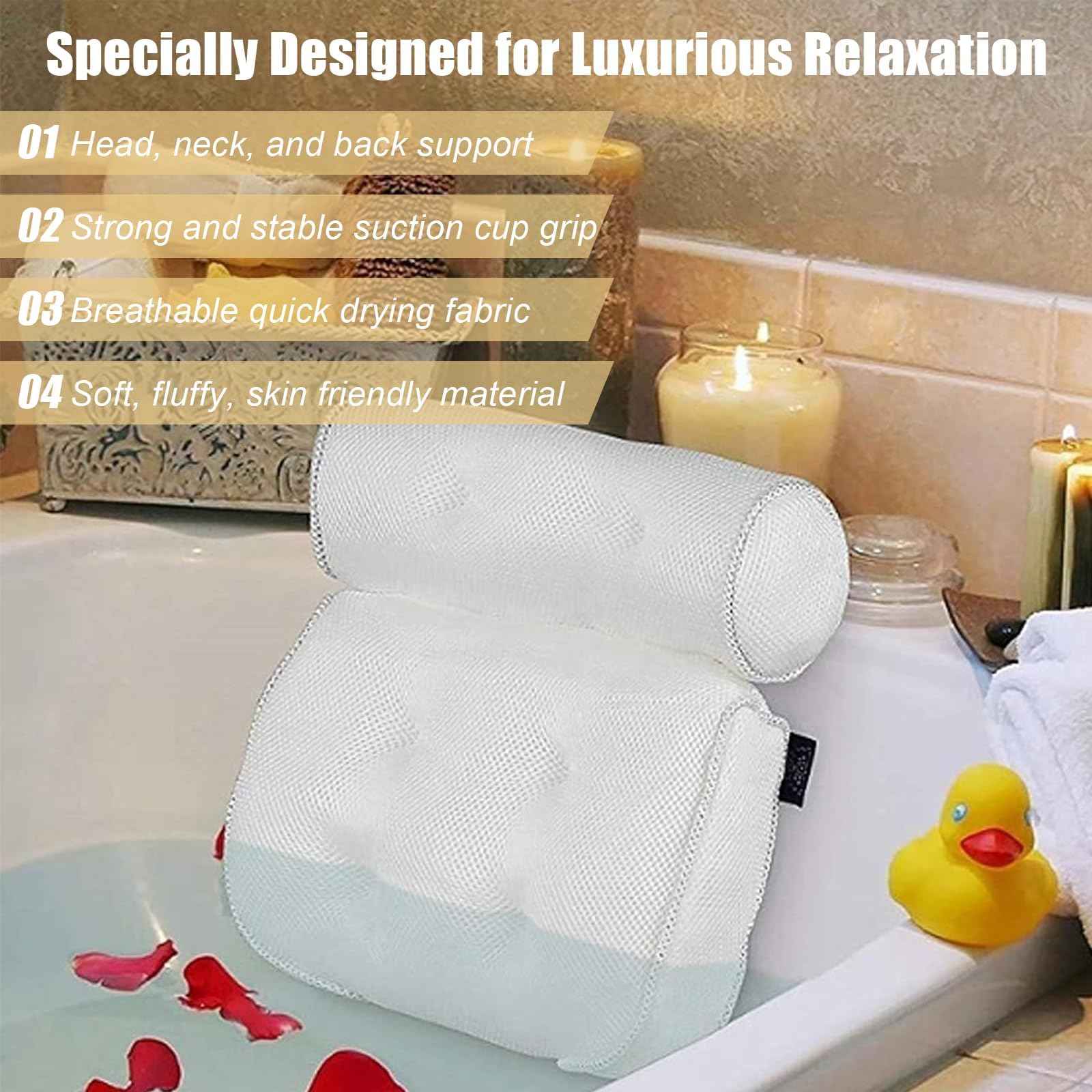 Almohada Bañera Antideslizante, Cojin Bañera con 6 Ventosas, Hidromasaje para Bañera, Suave y Confortable Almohada para SPA y Baño Relajante, Soporte para Cuello y Espalda, Blanco