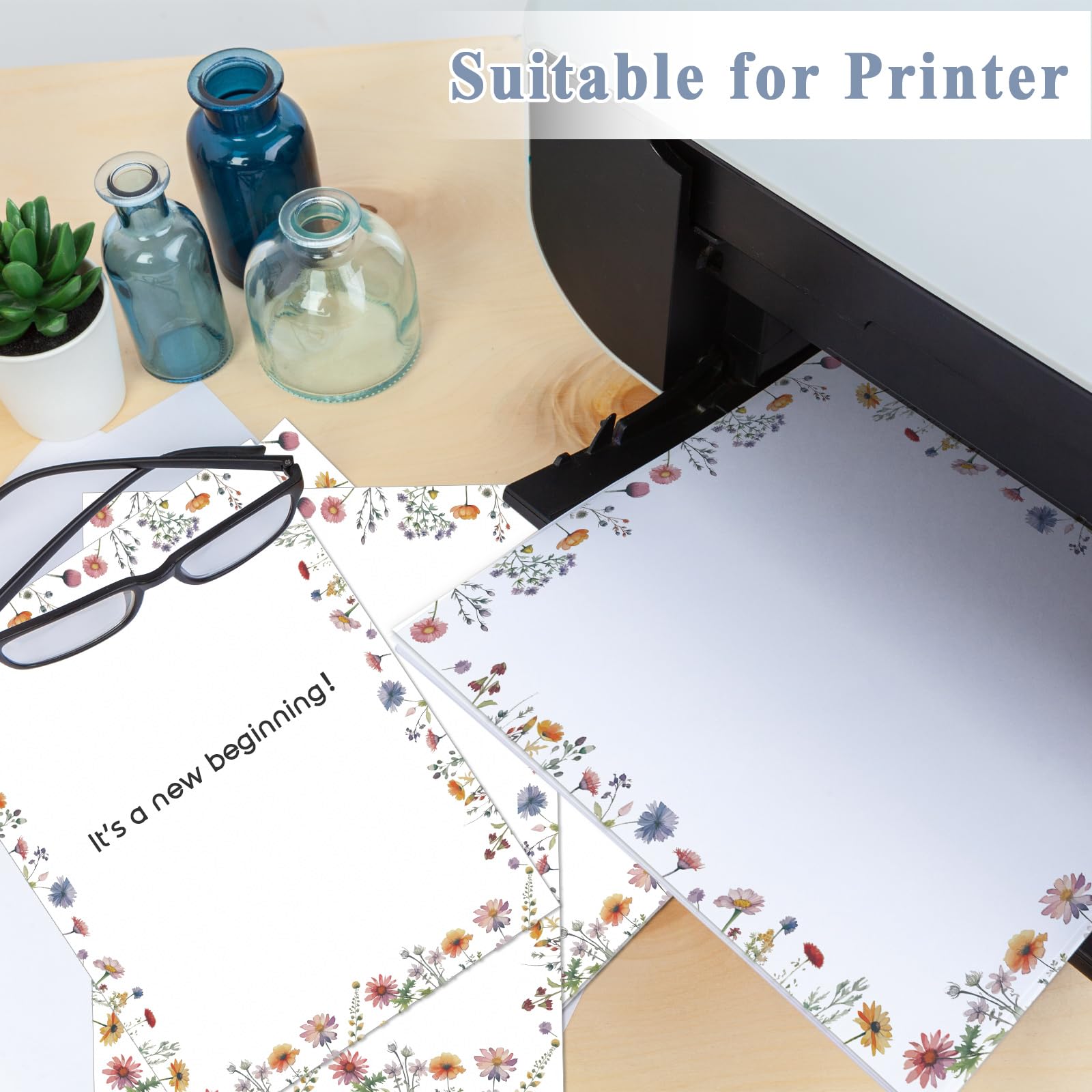 Roowest 150 fogli di carta decorativa per stampante a fiori selvatici, 21 x 27 cm, con bordo elegante, per la scuola, la scrittura, la casa, l'ufficio