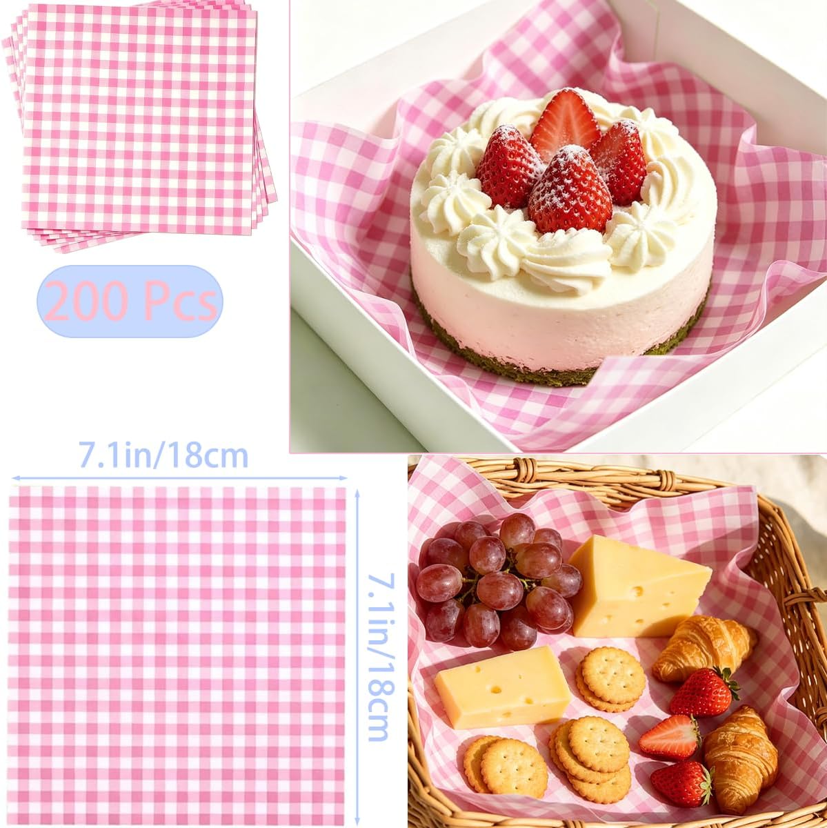 200 Pcs Wax Paper Sheets 7.1x7.1in for Baking Deli Food Supplies (Pink)