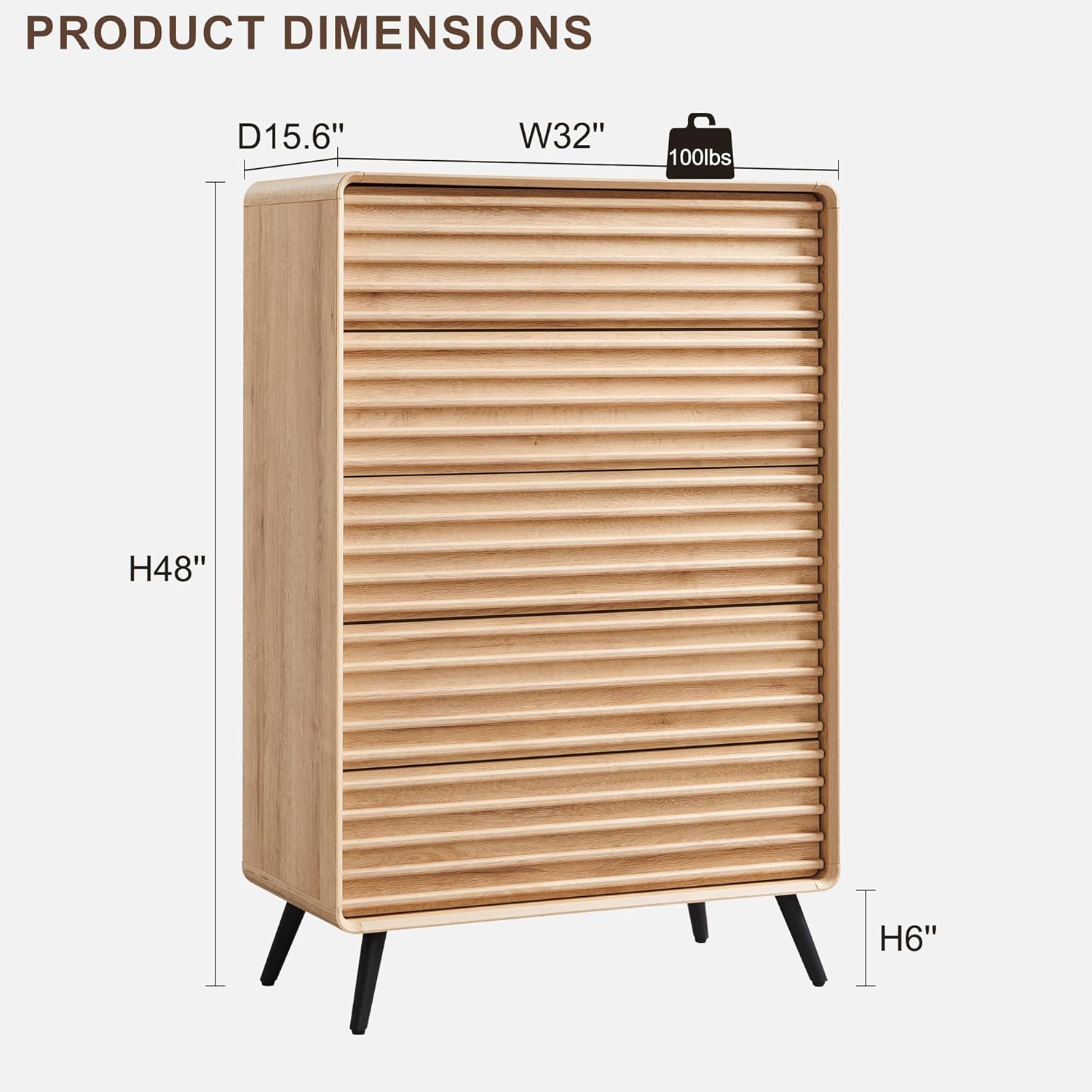 RedLemon 5 Drawers Dresser for Bedroom, 48'' Tall Mid Century Modern Wood Fluted Dresser, Chest of Drawers with Tapered Leg for Bedroom, Living Room, Hallway, Closet,Natural Oak - Image 2