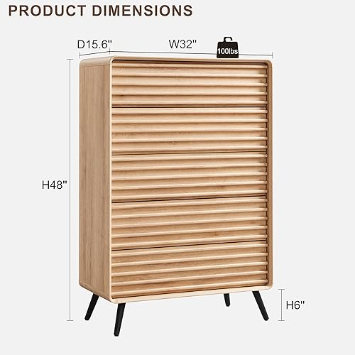 Miniatura 2 de RedLemon Cómoda de 5 cajones para dormitorio, cómoda de 48'' de altura estilo mediados de siglo con madera estriada, cómoda con cajones con pata