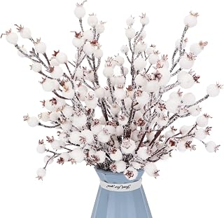4 Pieces Artificial White Berry Stems Christmas Frosted Berries Branches Twigs Snowy Berry Picks Holly Sprays for Christmas Tree Vase Fillers Decorations Winter Holiday Arrangement Decor (4, White)