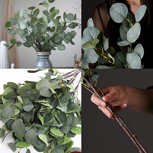 Miniatura 7 de HinyoCo 6 hojas de eucalipto artificiales de 35 pulgadas de alto, ramas de hojas de eucalipto de dólar plateado sintético en gris verde para