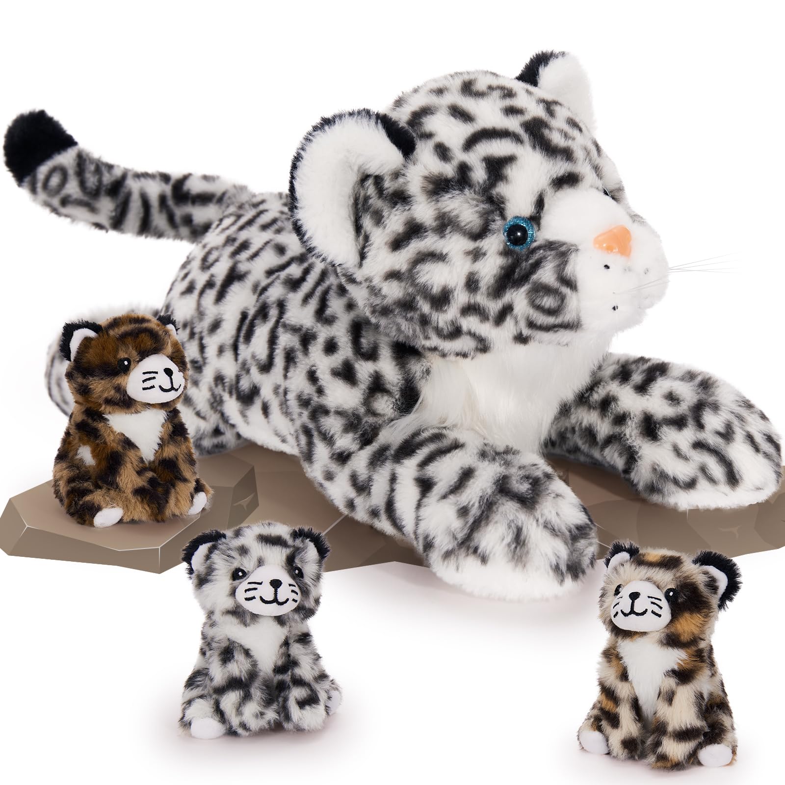 MorisMos Big Snow Leopard Soft Toy, 45cm Mom with 3 Cuddly Baby inside, Lifelike Leopard Teddy Stuffed Animal Plush Toy, Kawaii Presents for Kids Children Birthday Christmas Deco — image 1