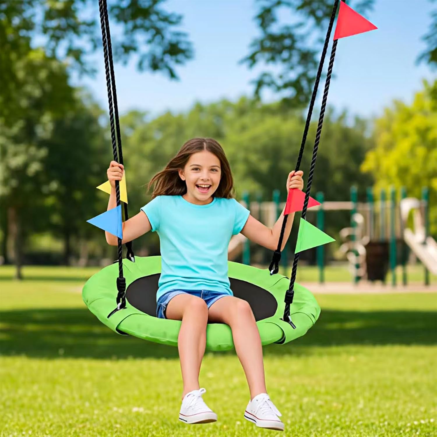 Odoland 24" Kids Tree Swing - Outdoor Small Saucer Swings with 900D Oxford Fabric, Backyard Play Equipment for Children Ages 3-12 Green