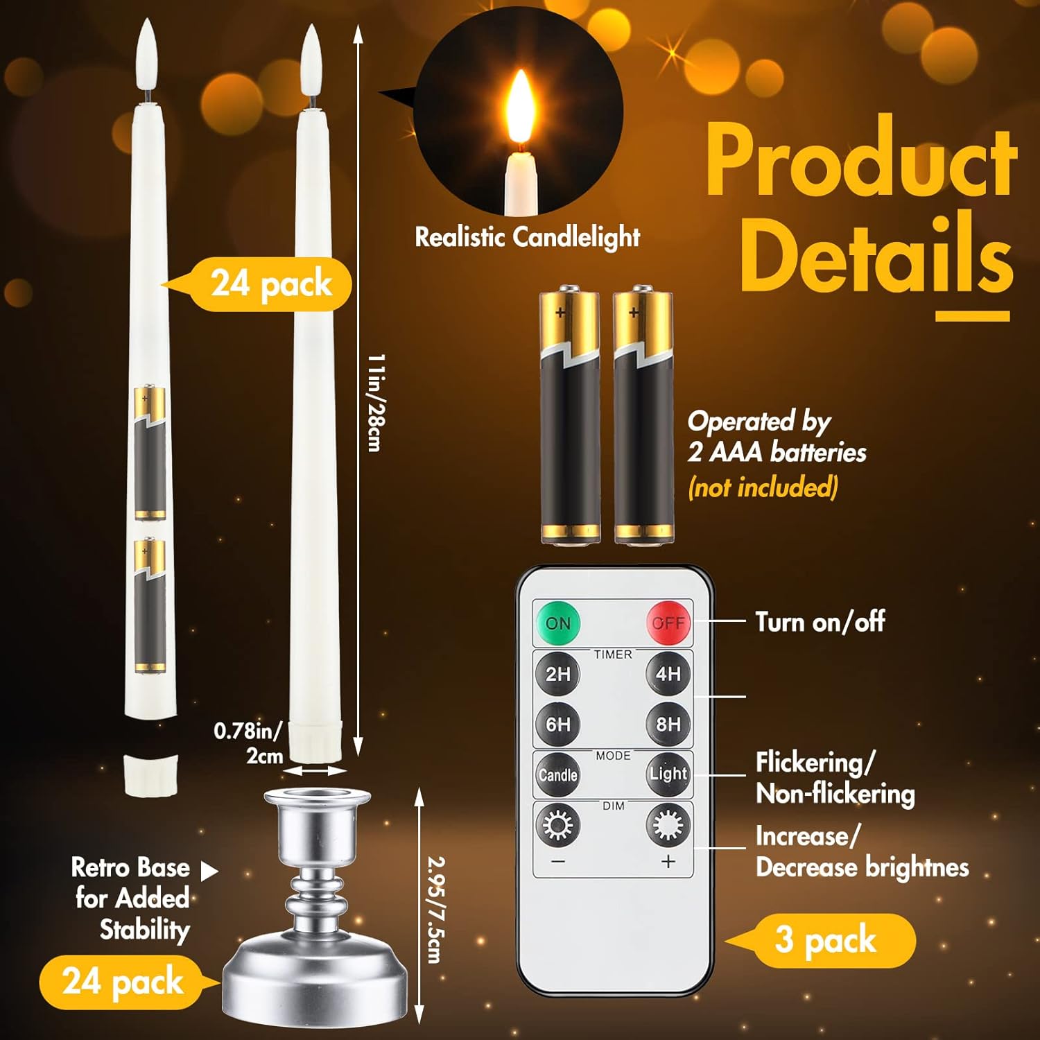 Fumete 24 Pack Flameless Taper Candles with Remote Control and Timer Flickering LED Taper Candles Realistic 3D Flame LED Window with Base Holiday Wedding Home Decor(Silver)
