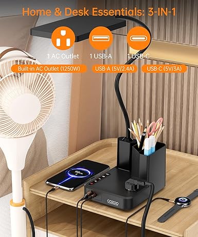 cozoo Desk Lamp, COZOO LED Desk Lamps for Home Office with USB Charging Port/Outlet/Organizer,Desk Lamp for College Dorm Eye-Caring Study Light,Gooseneck Table Lamp with Pen Holders/Storage,9 Lighting Modes photo 3